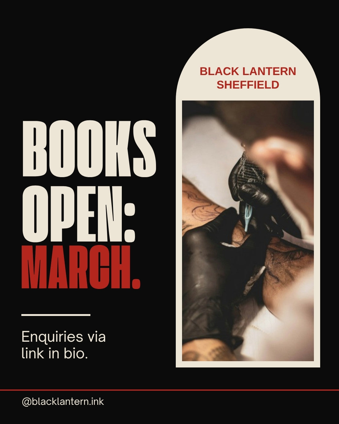 Example tattoo post filled in: Books open March, with a photo of an artist tattooing