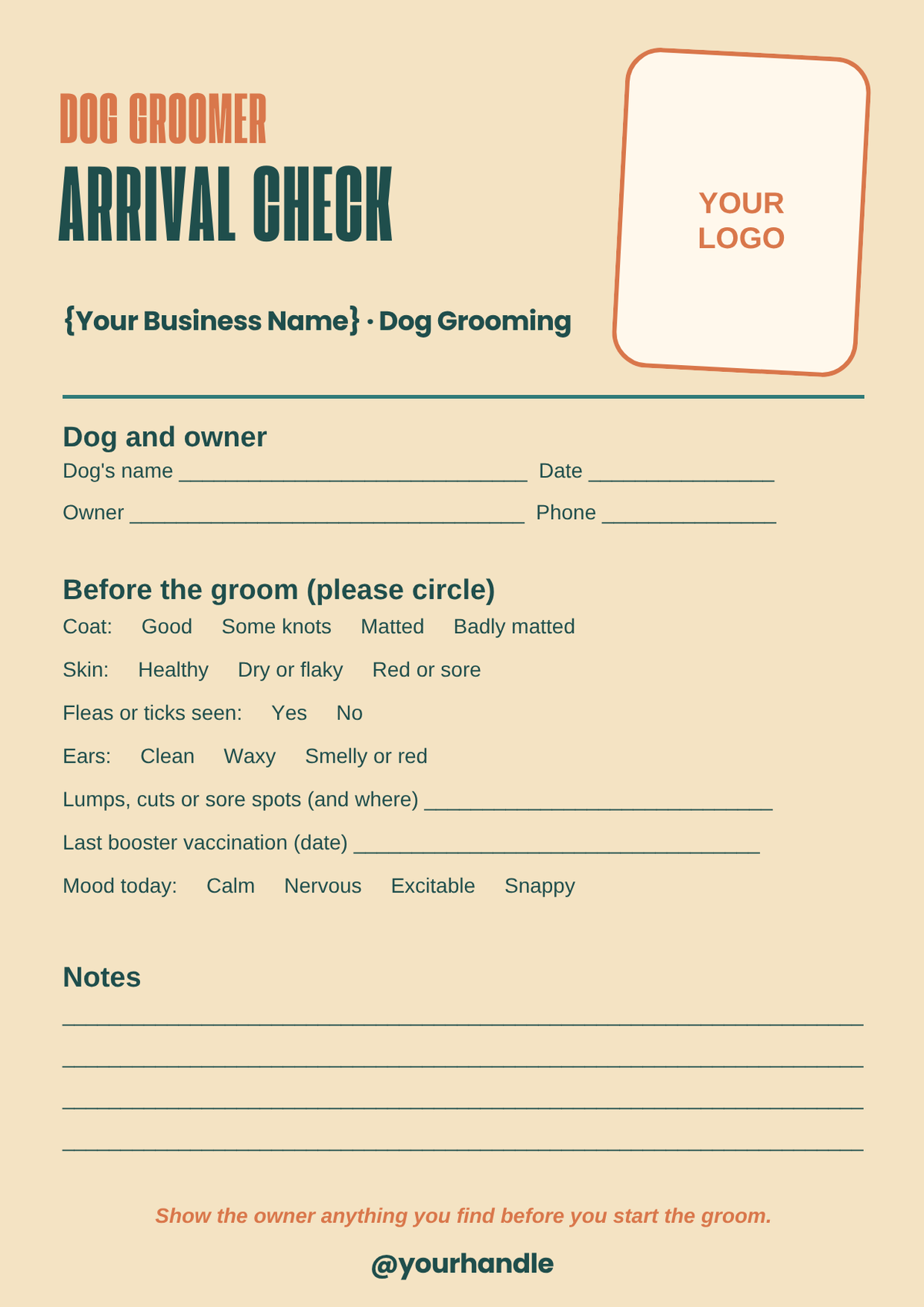 Dog grooming arrival check form template
