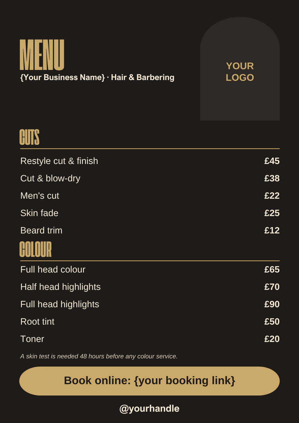 Hair and barber menu template, black and gold A4 style