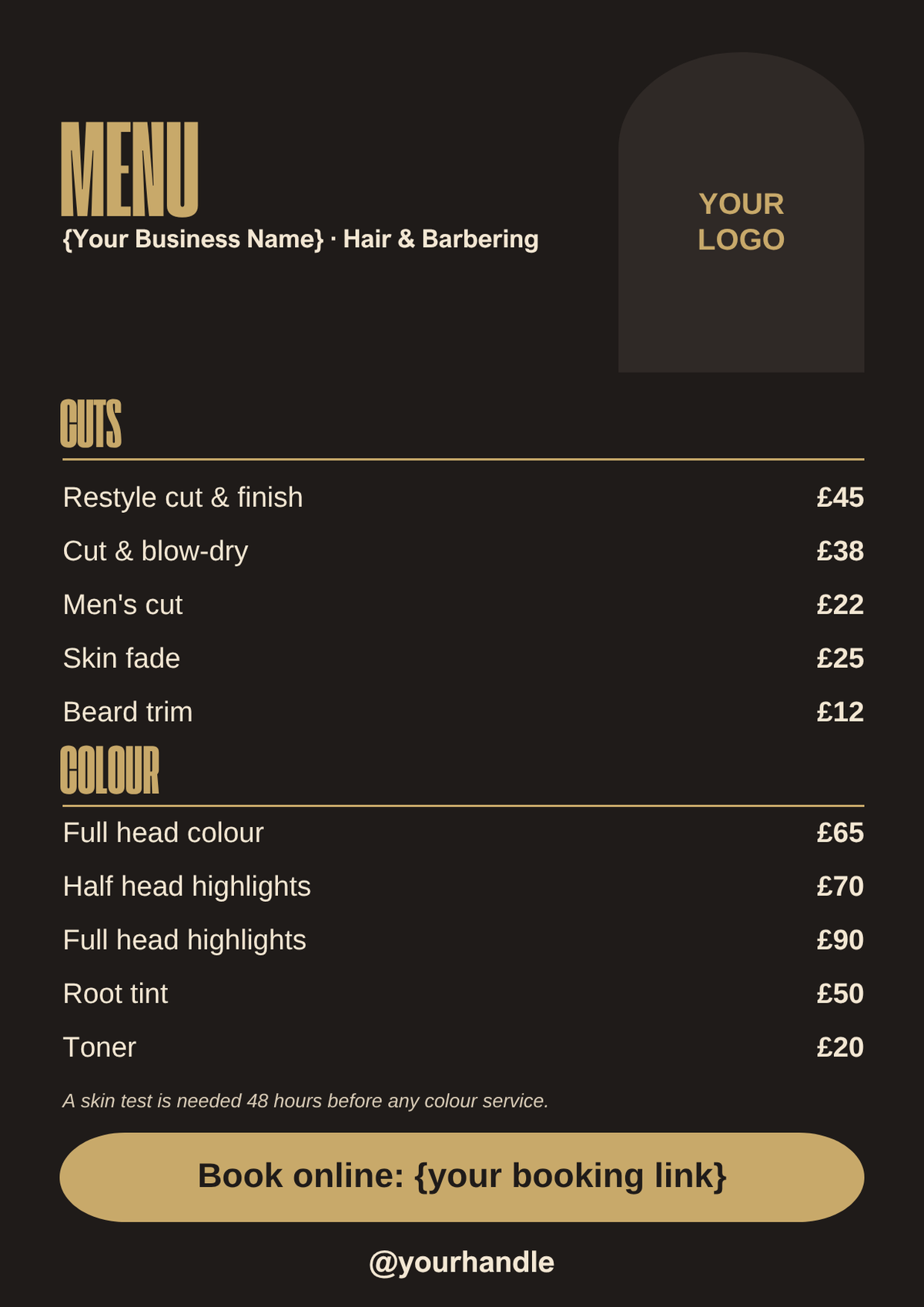 Hair and barber menu template, black and gold A4 style