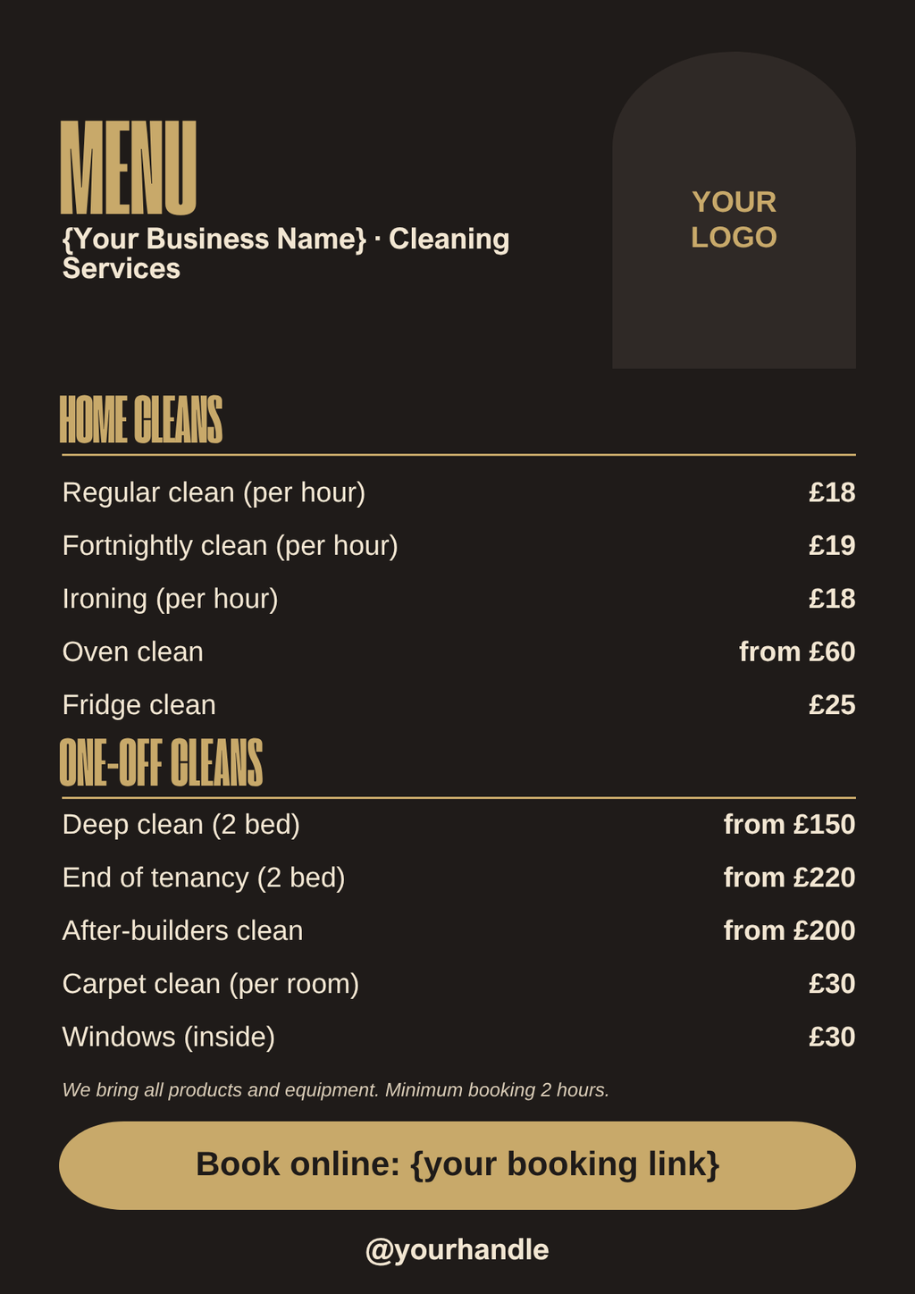 Black and gold cleaning services menu template