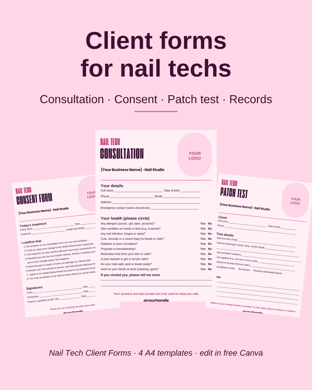 Client forms included in the kit