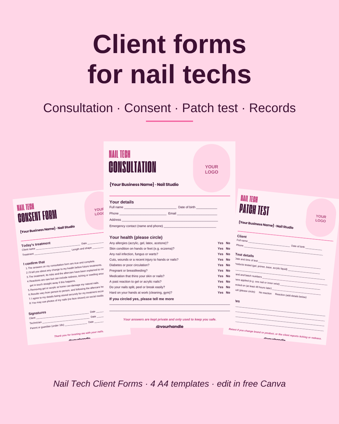 Client forms included in the kit