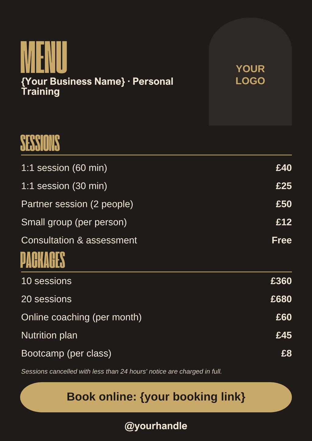 Personal trainer menu template, black and gold A4 style