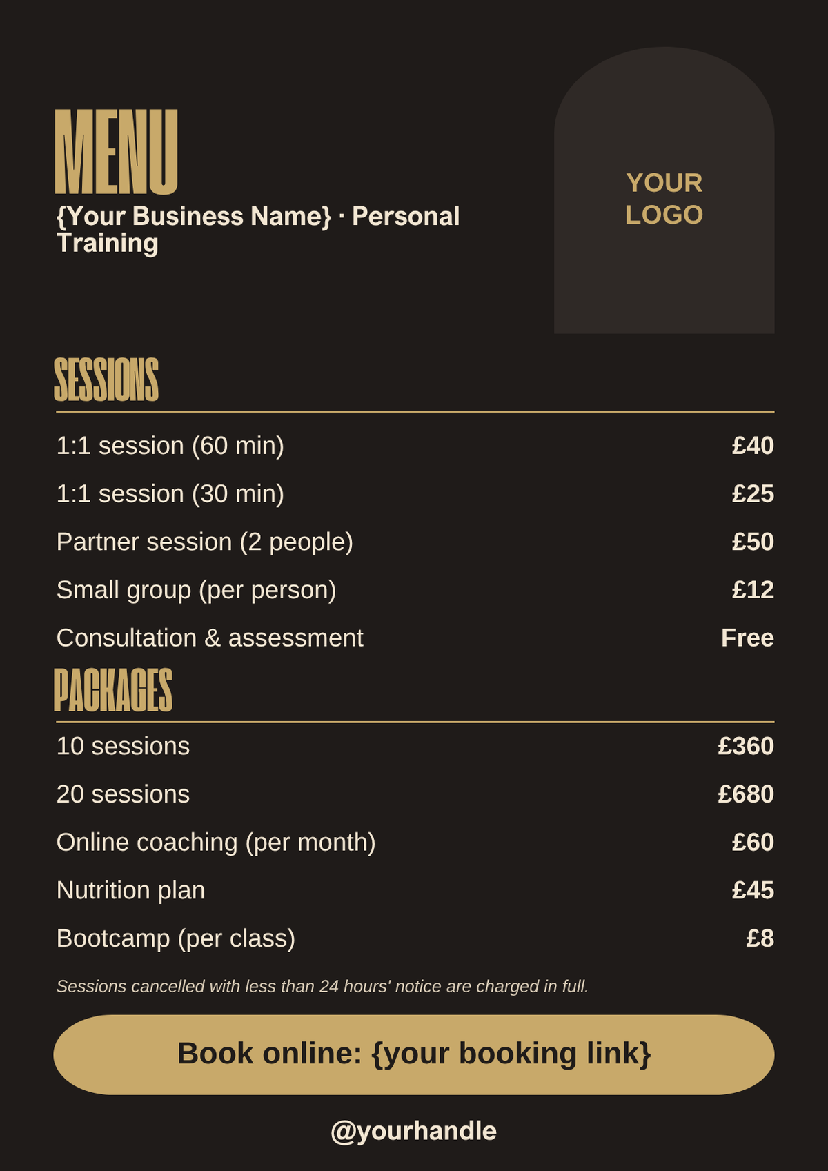 Personal trainer menu template, black and gold A4 style