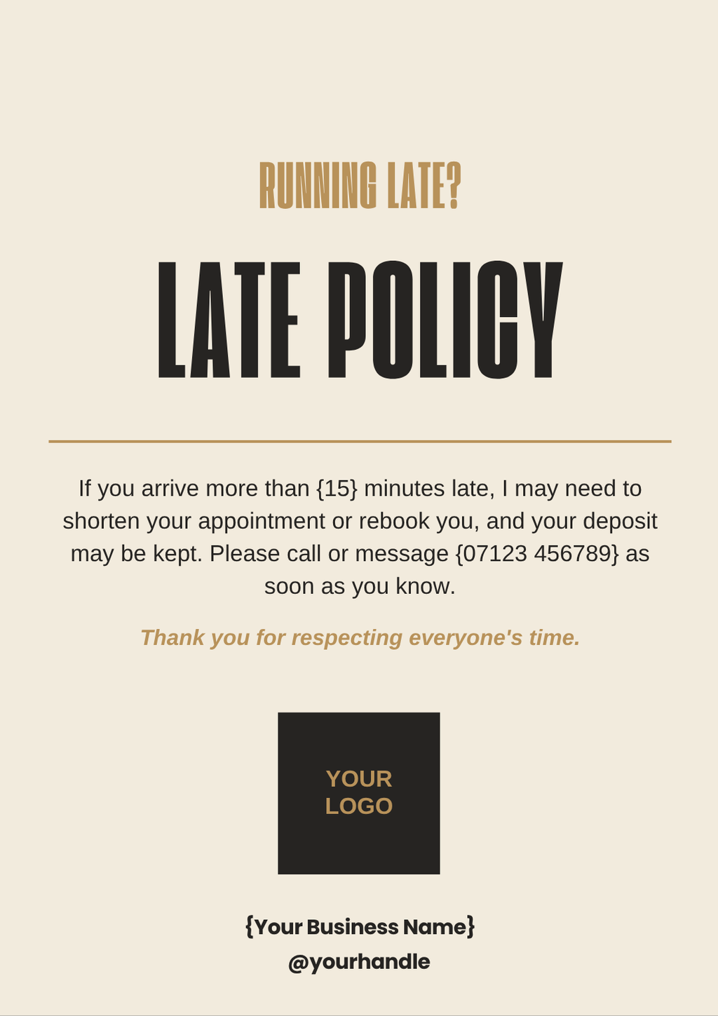 Printable A4 salon sign: Late policy, running late? call ahead