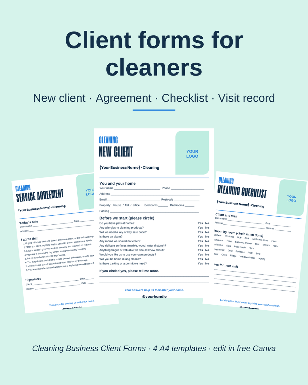 Client forms for cleaners: new client, agreement, checklist, visit record