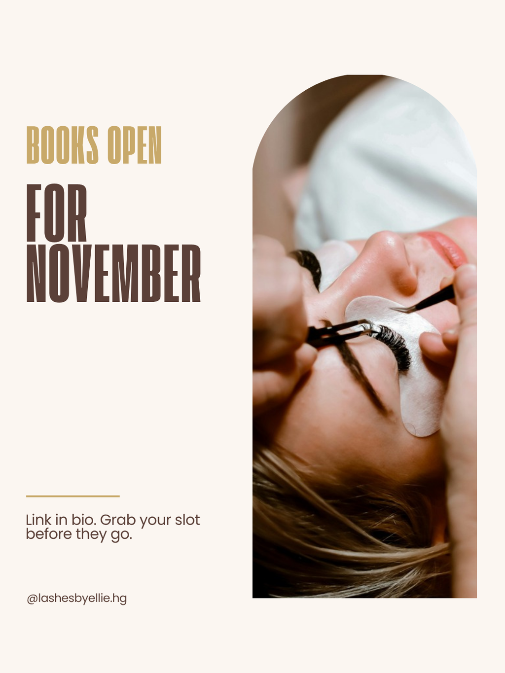 Lash & Brow template filled in: 'Books open for November' booking post