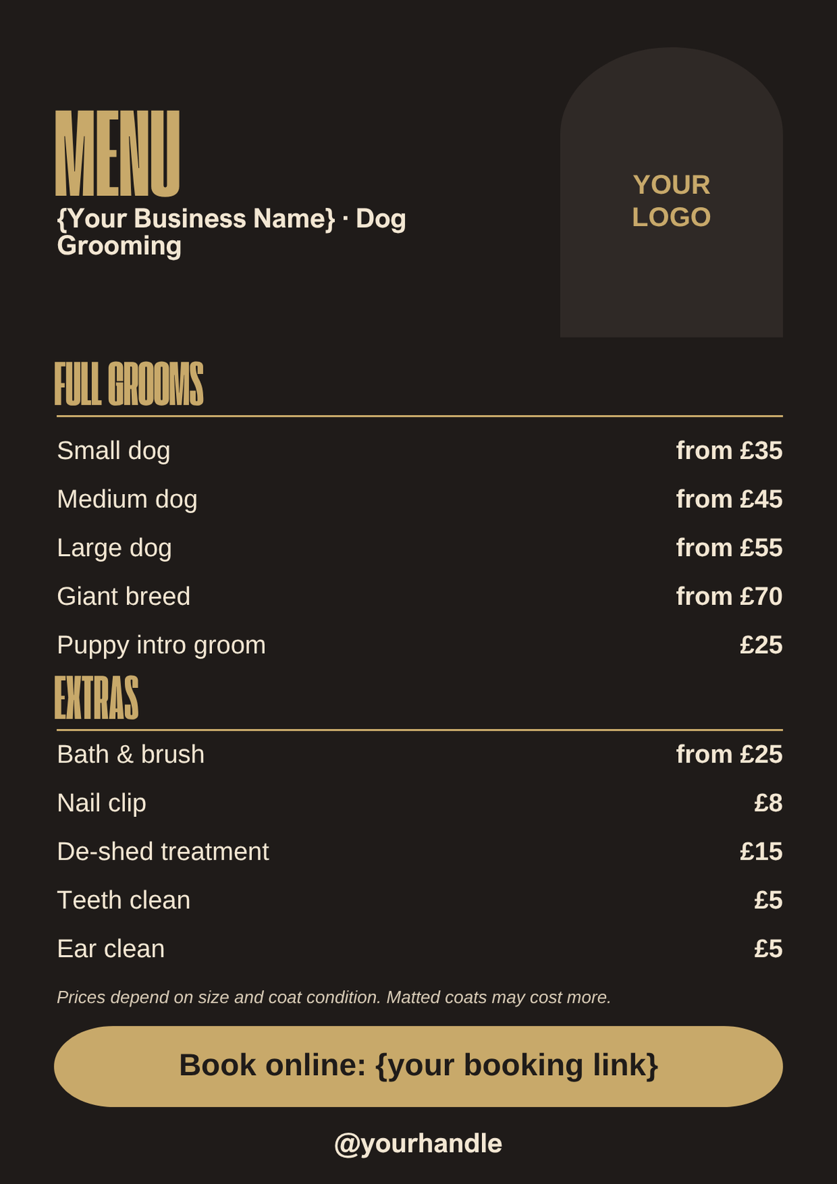 Dog grooming menu template, black and gold A4 style