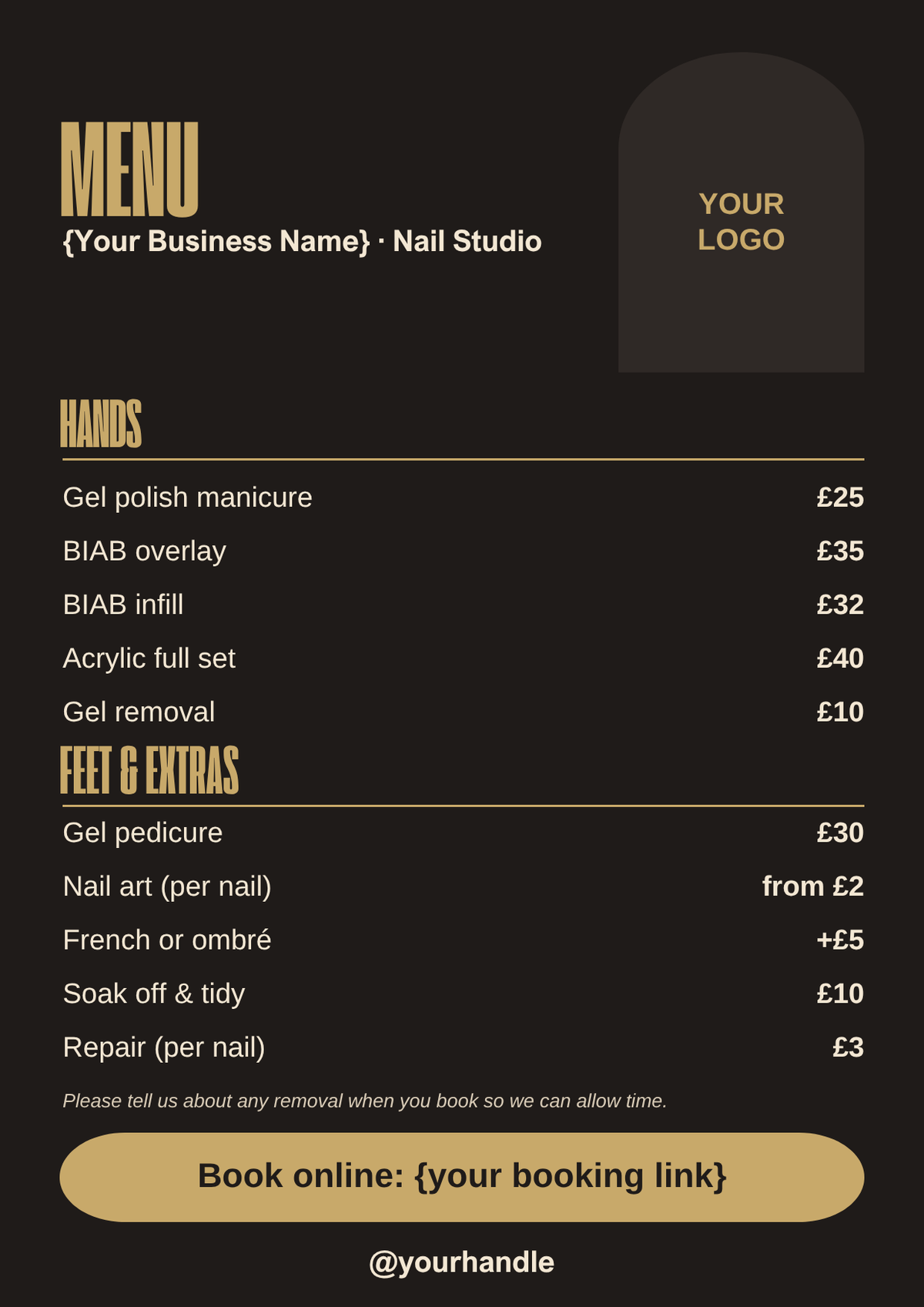 Nail menu template, black and gold A4 style