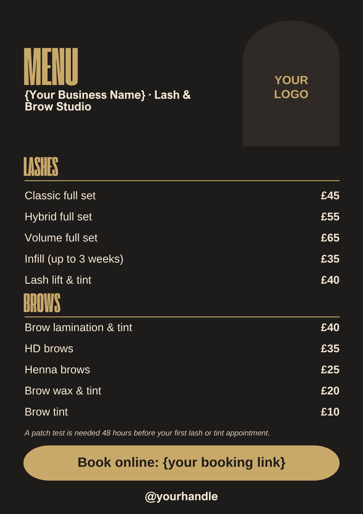 Black and gold lash and brow menu template