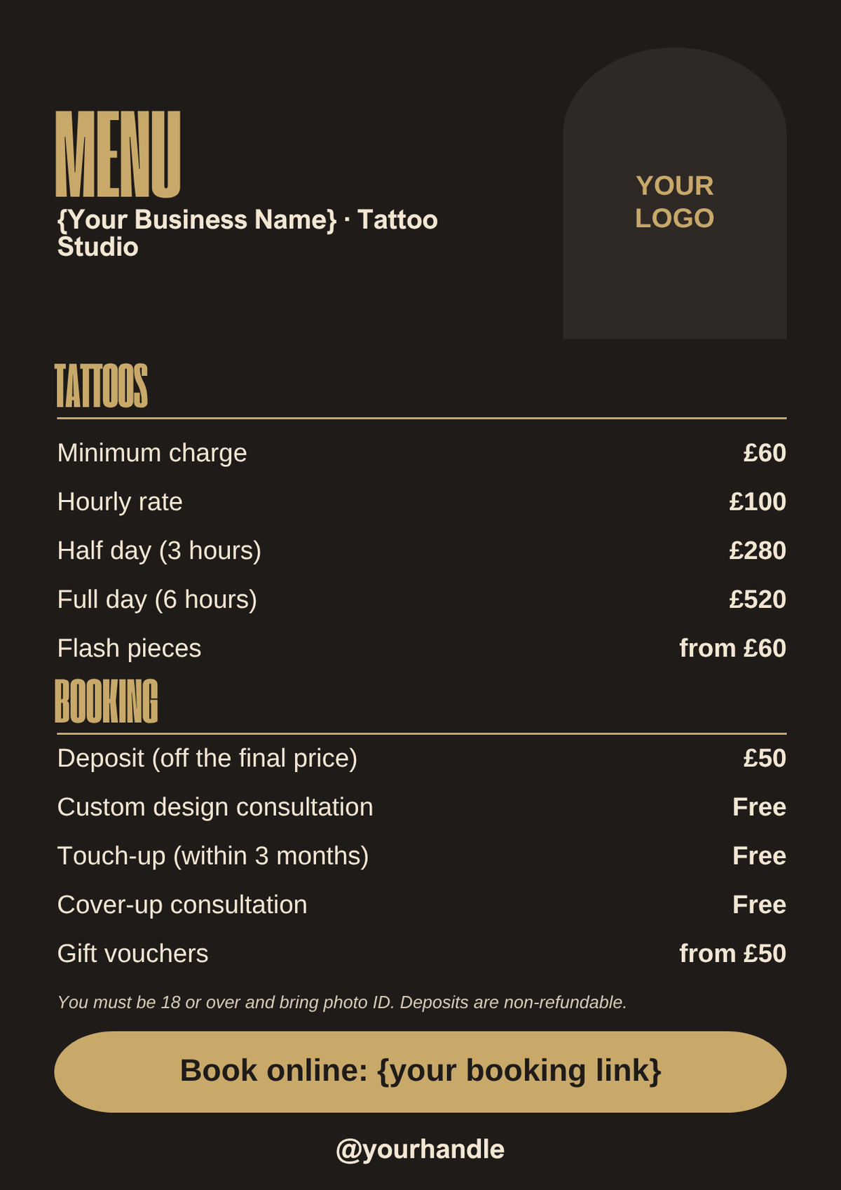 Tattoo menu template, black and gold A4 style