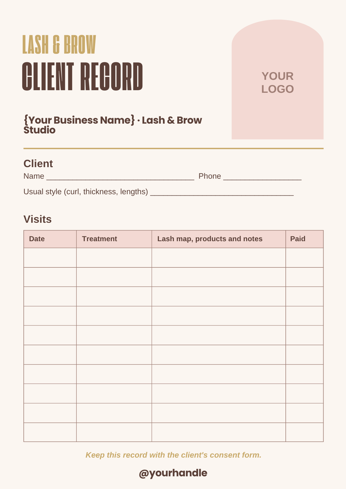Client record card template with visit history table