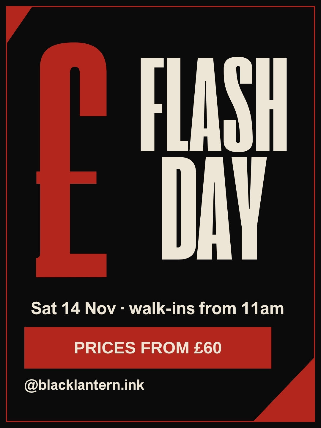 Example tattoo post filled in: Flash Day, walk-ins from 11am, prices from 60 pounds