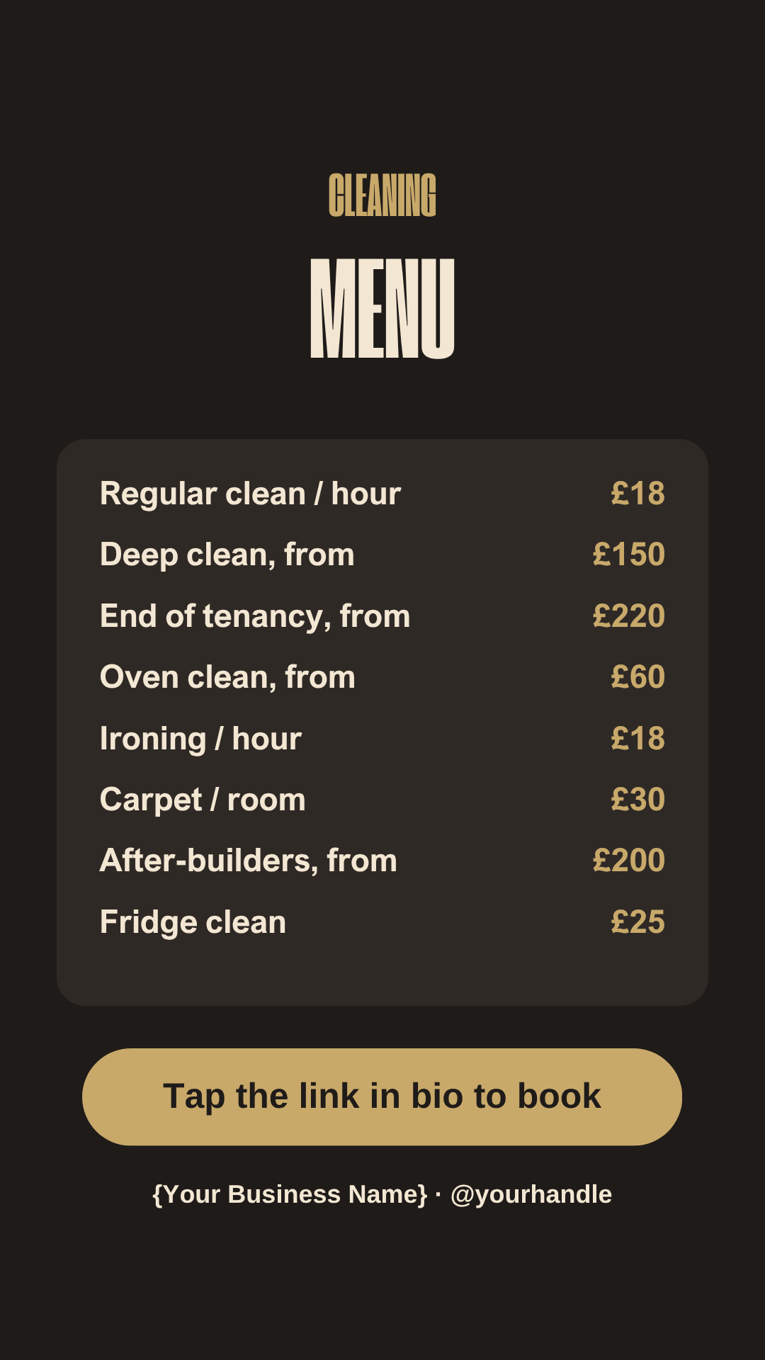 Instagram Story price list for cleaners