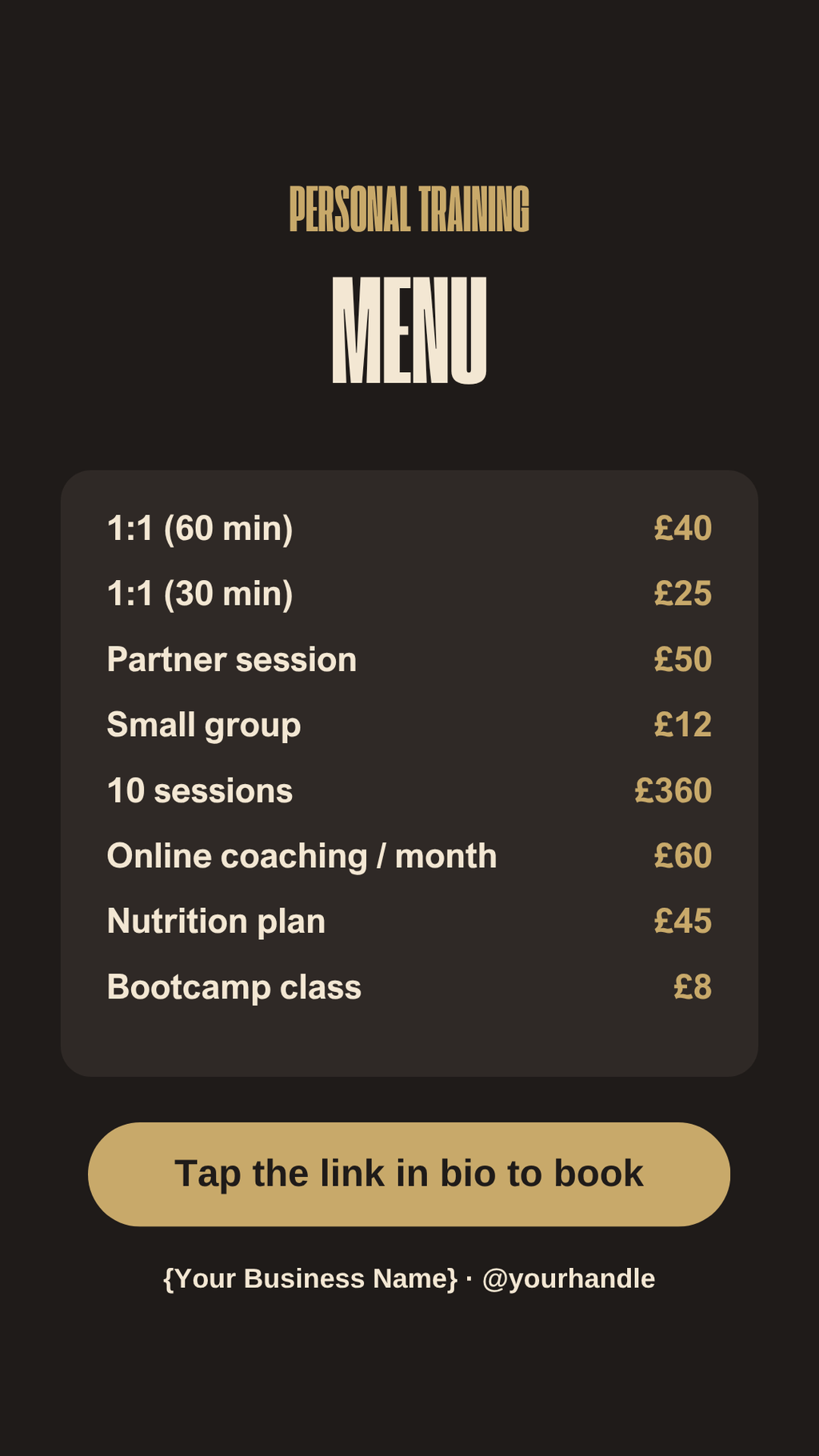 Personal trainer price list Instagram Story template