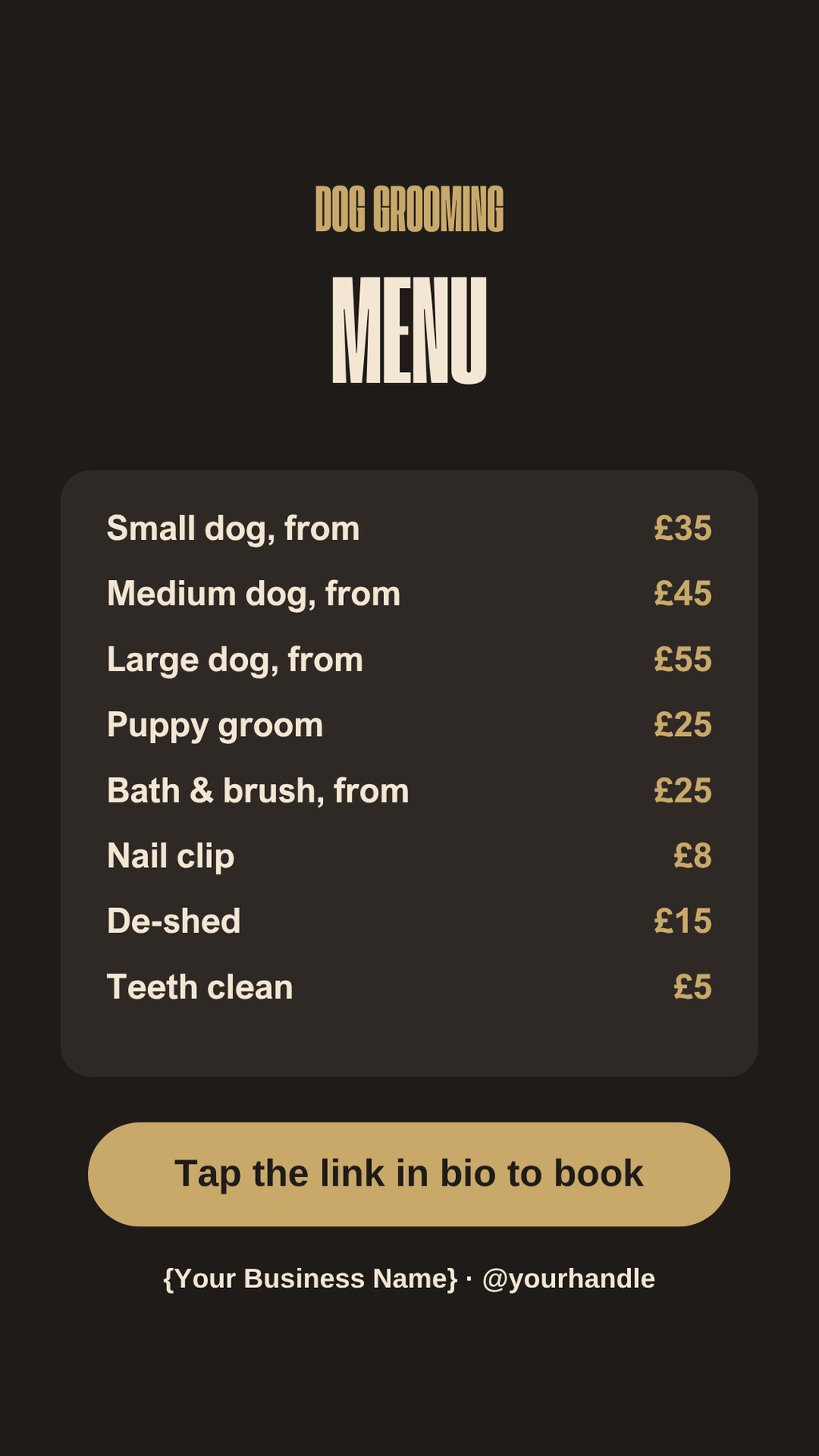 Dog grooming price list Instagram Story template