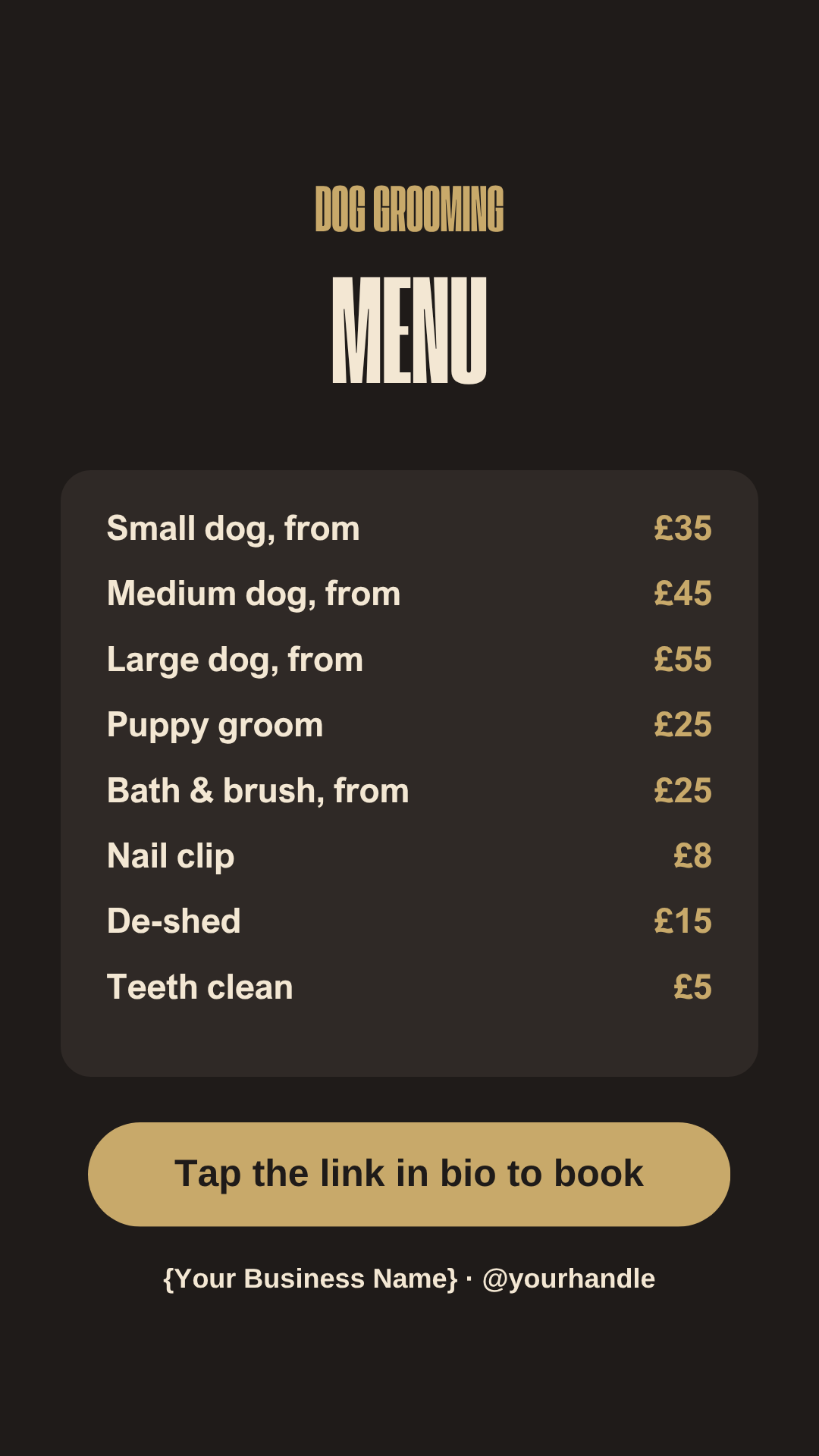 Dog grooming price list Instagram Story template