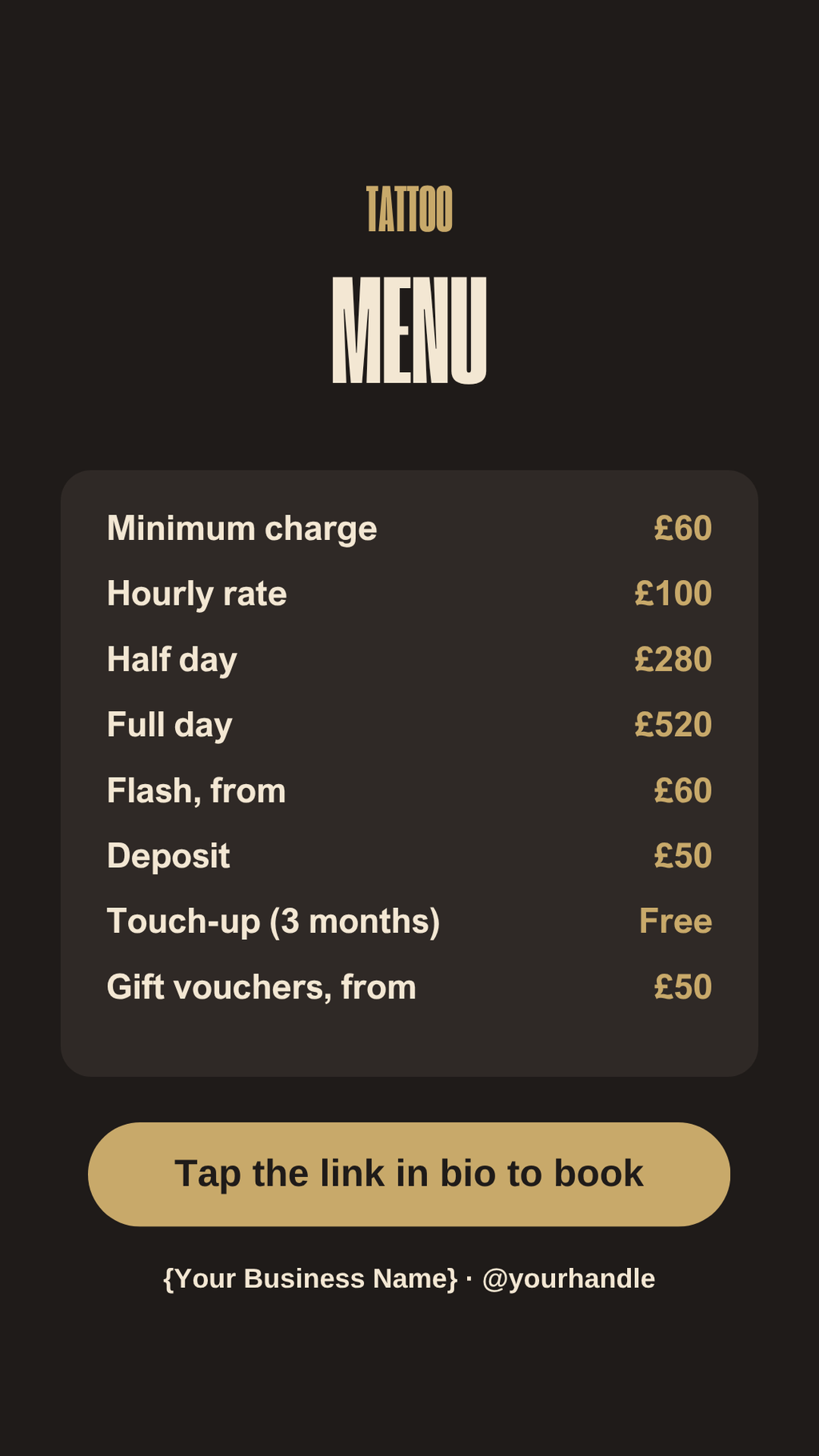 Tattoo price list Instagram Story template