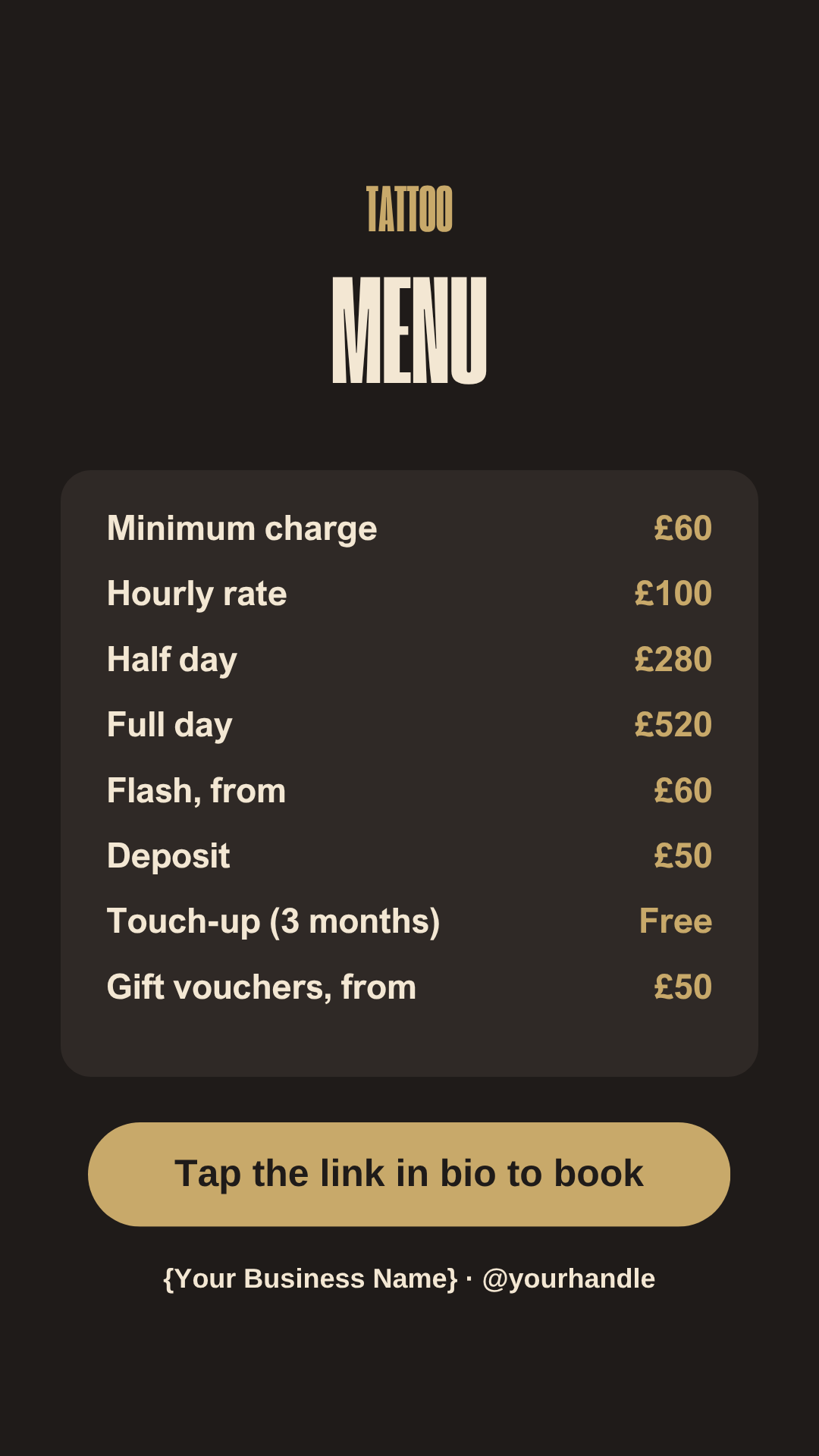 Tattoo price list Instagram Story template