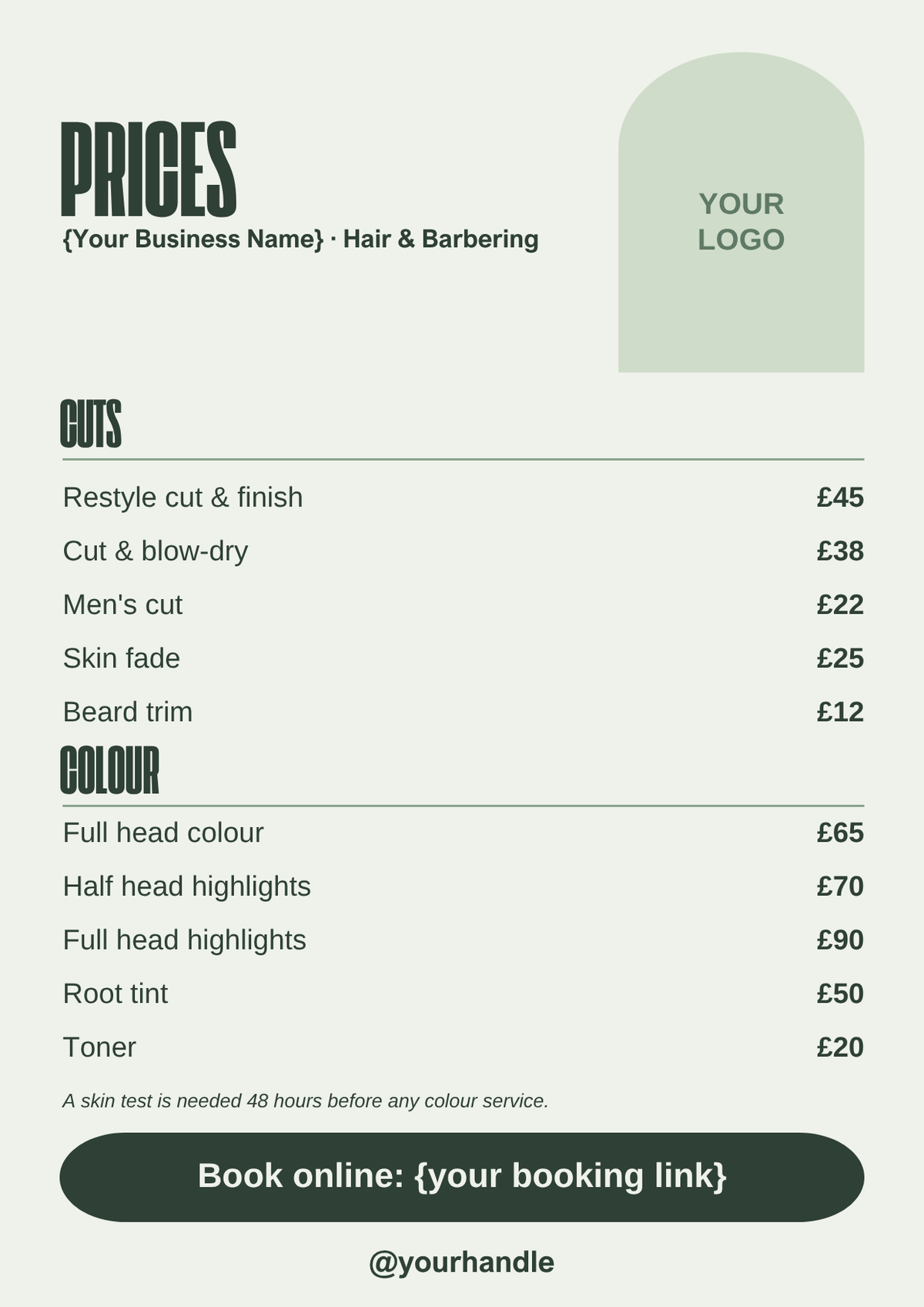 Hair and barber prices template, sage green A4 style