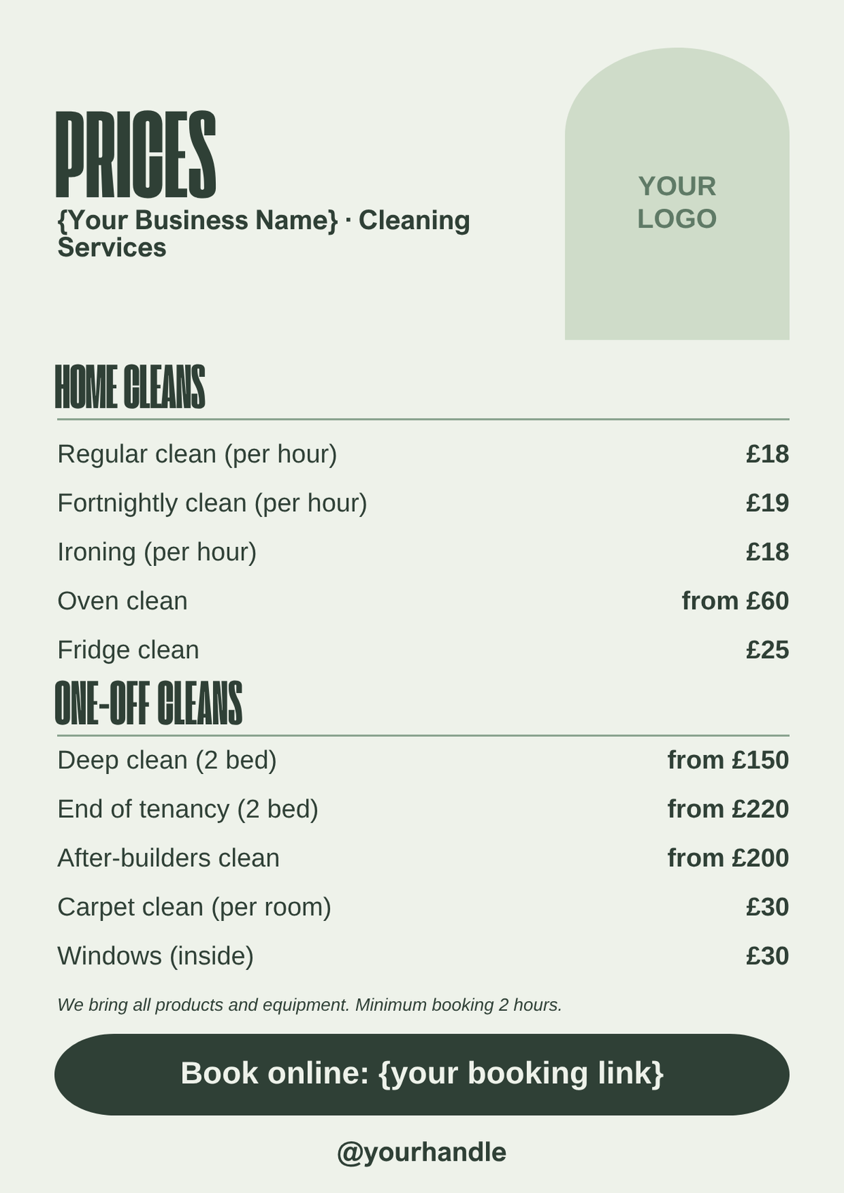 Sage green cleaning price list template