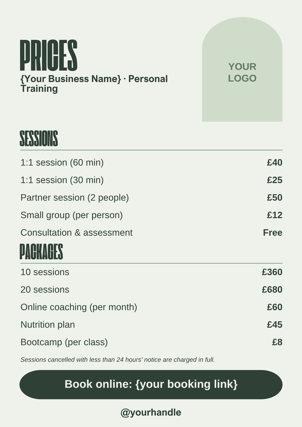 Personal trainer prices template, sage green A4 style