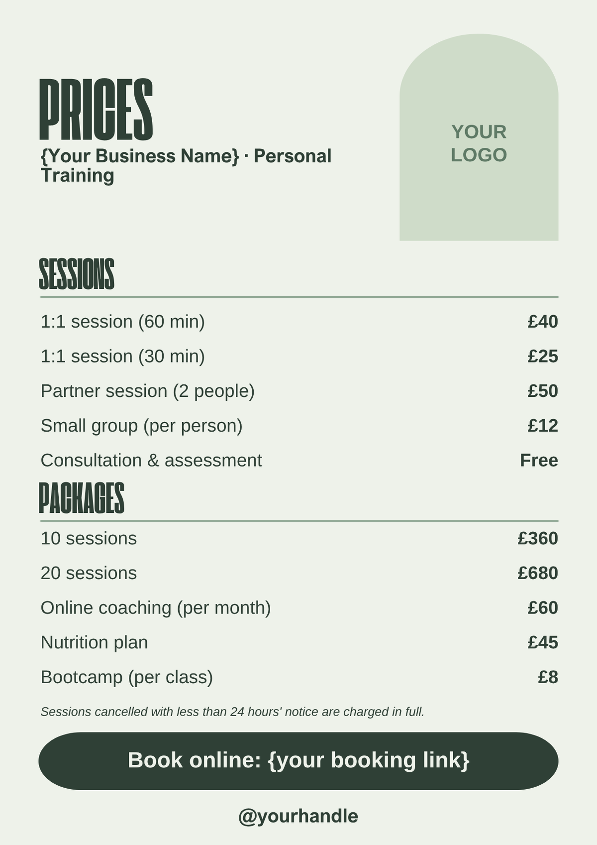 Personal trainer prices template, sage green A4 style