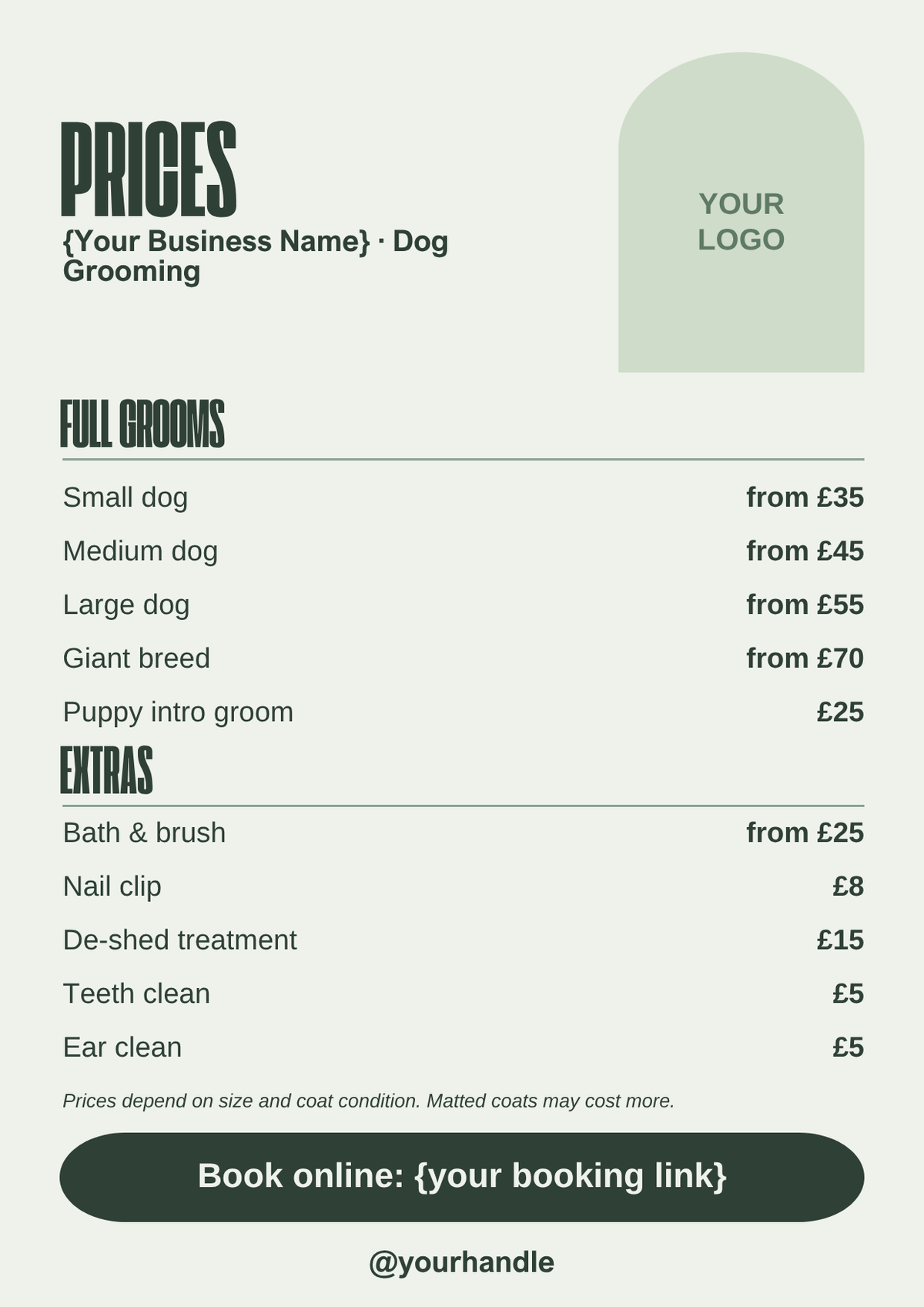Dog grooming prices template, sage green A4 style