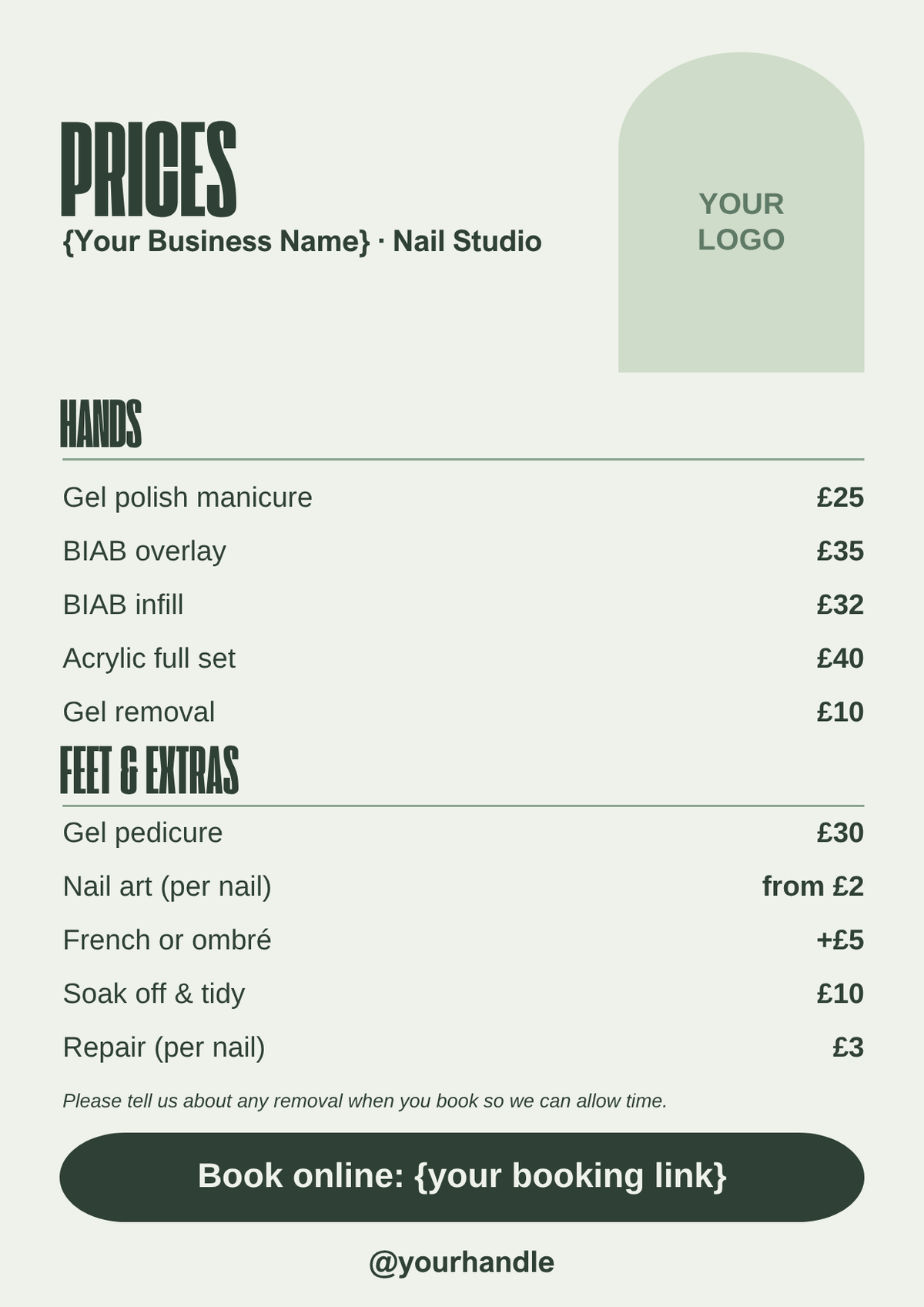 Nail prices template, sage green A4 style