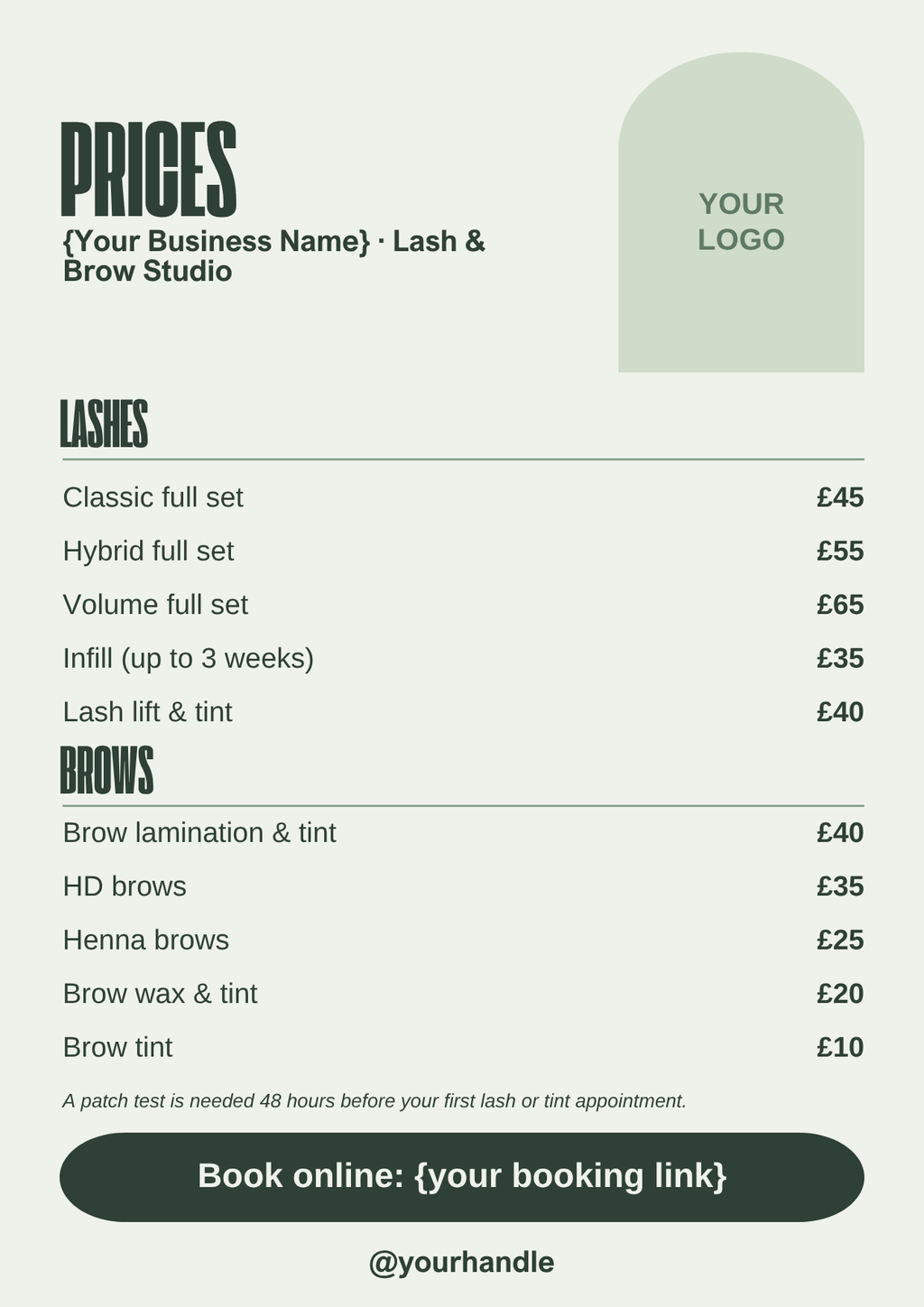 Sage green lash price list template