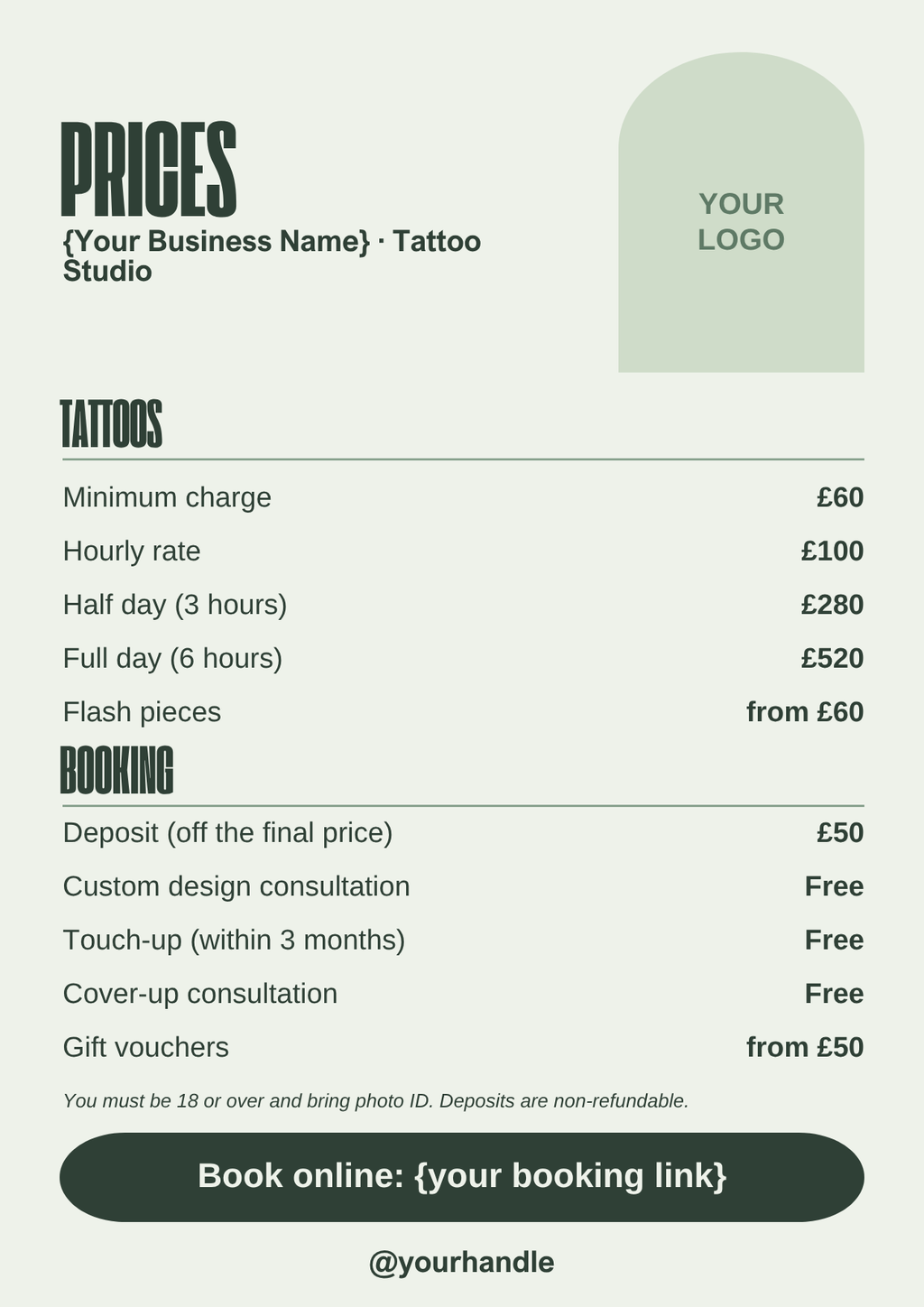 Tattoo prices template, sage green A4 style