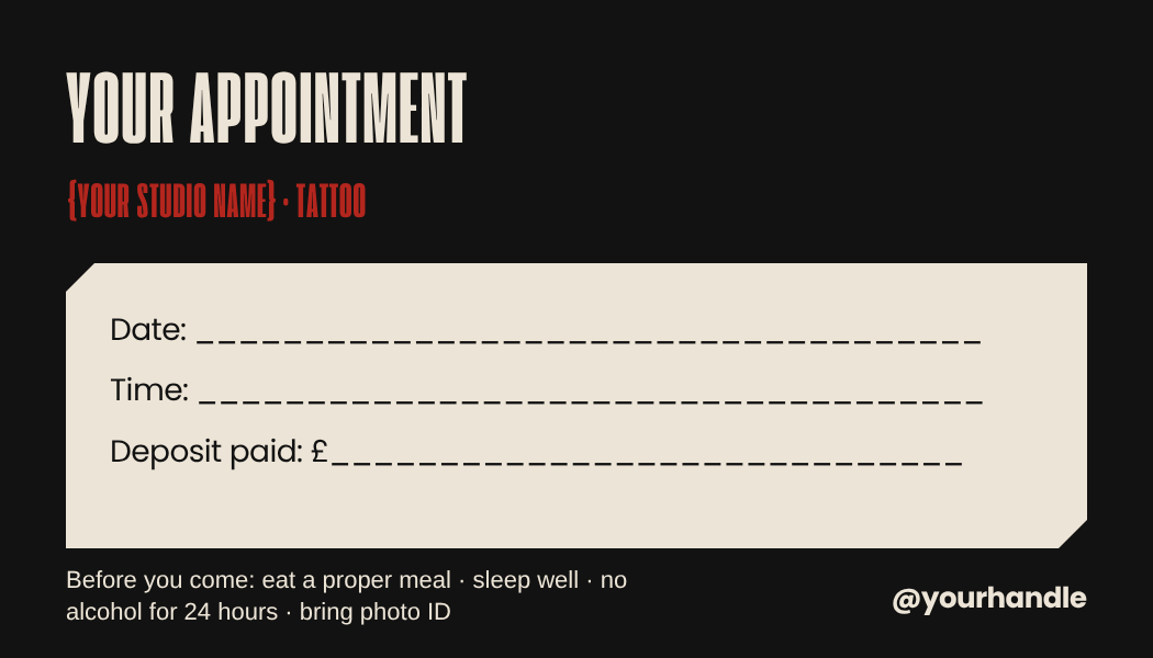 Tattoo appointment card template