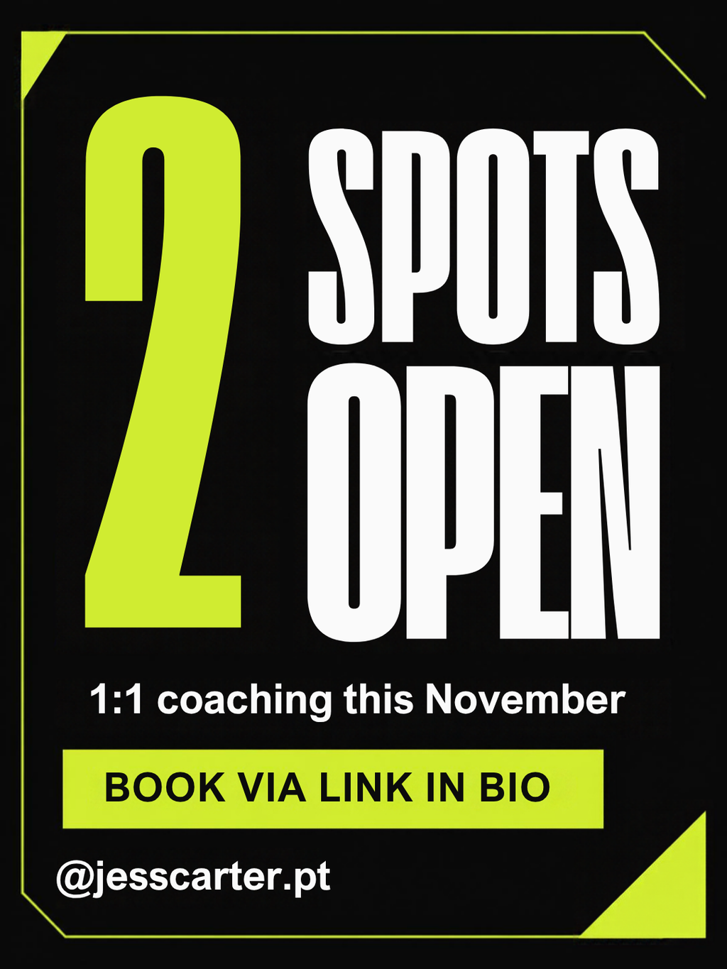 Example offer post: 2 spots open for 1:1 coaching this November