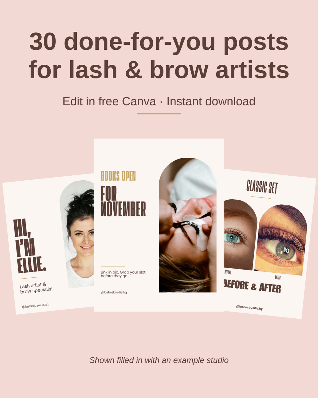 Full Kit: Lash and Brow pack, 30 done-for-you posts shown filled in