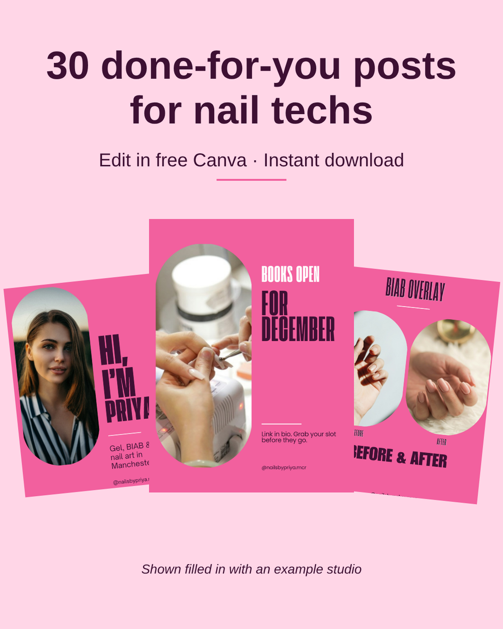 Full Kit: Nail Tech pack, 30 done-for-you posts shown filled in