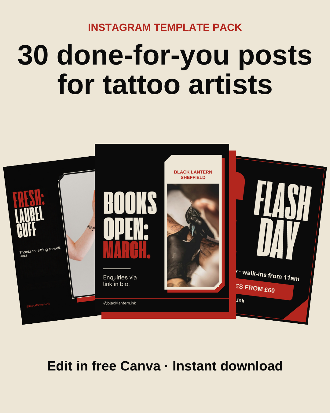 Full Kit: Tattoo Artist pack, 30 done-for-you posts shown filled in