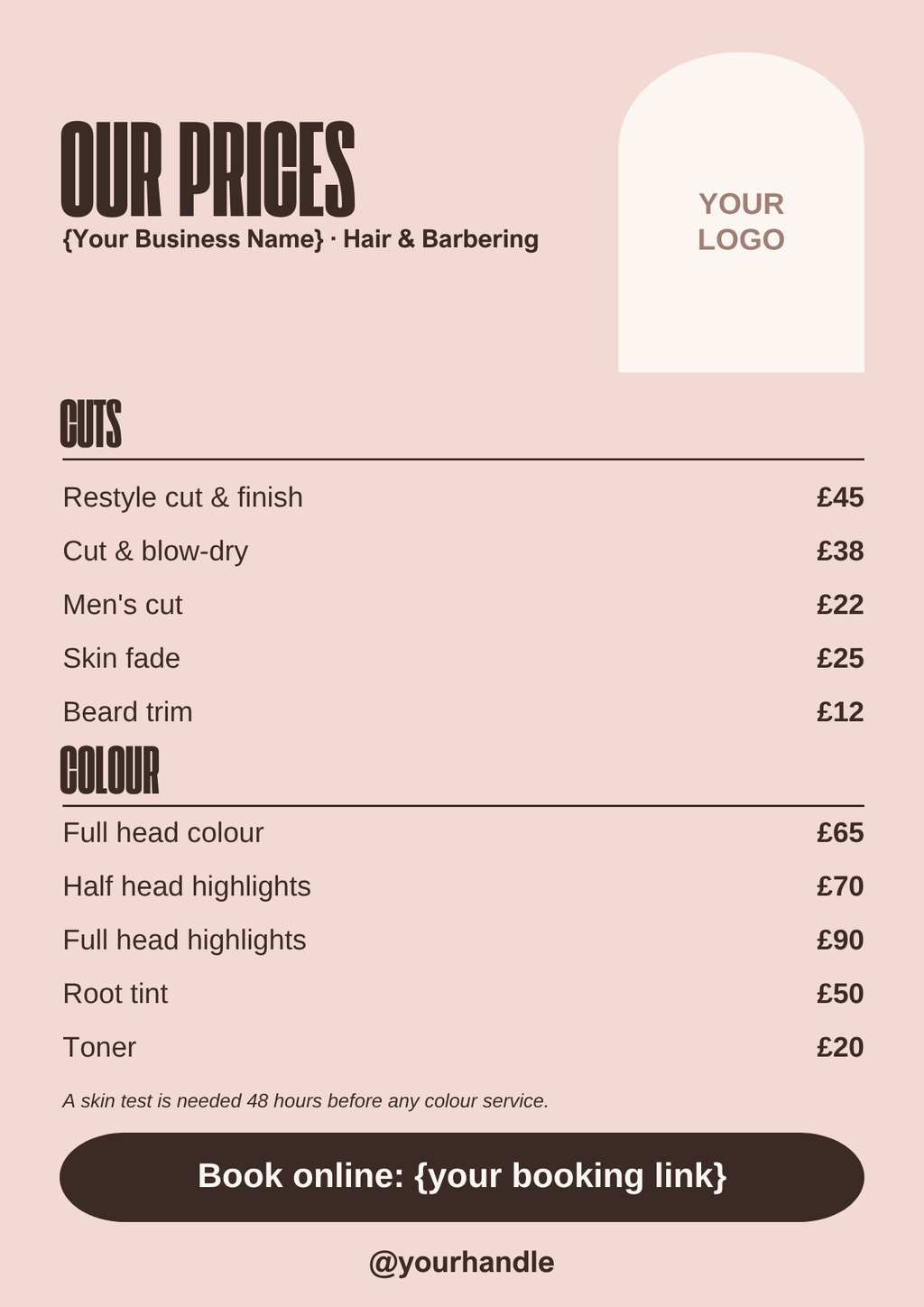 Hair and barber price list template, bold blush A4 style