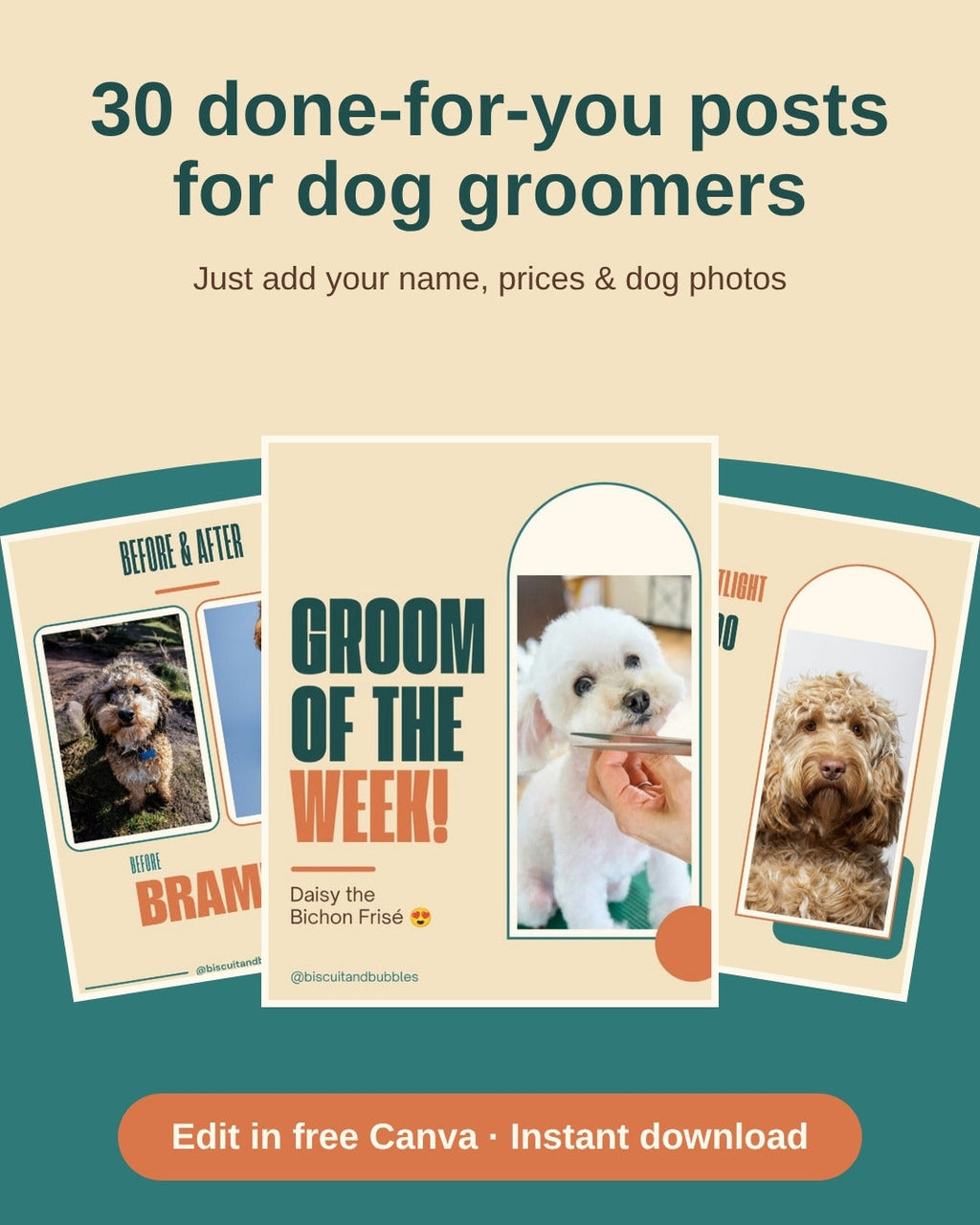 Full Kit: Dog Groomer pack, 30 done-for-you posts shown filled in