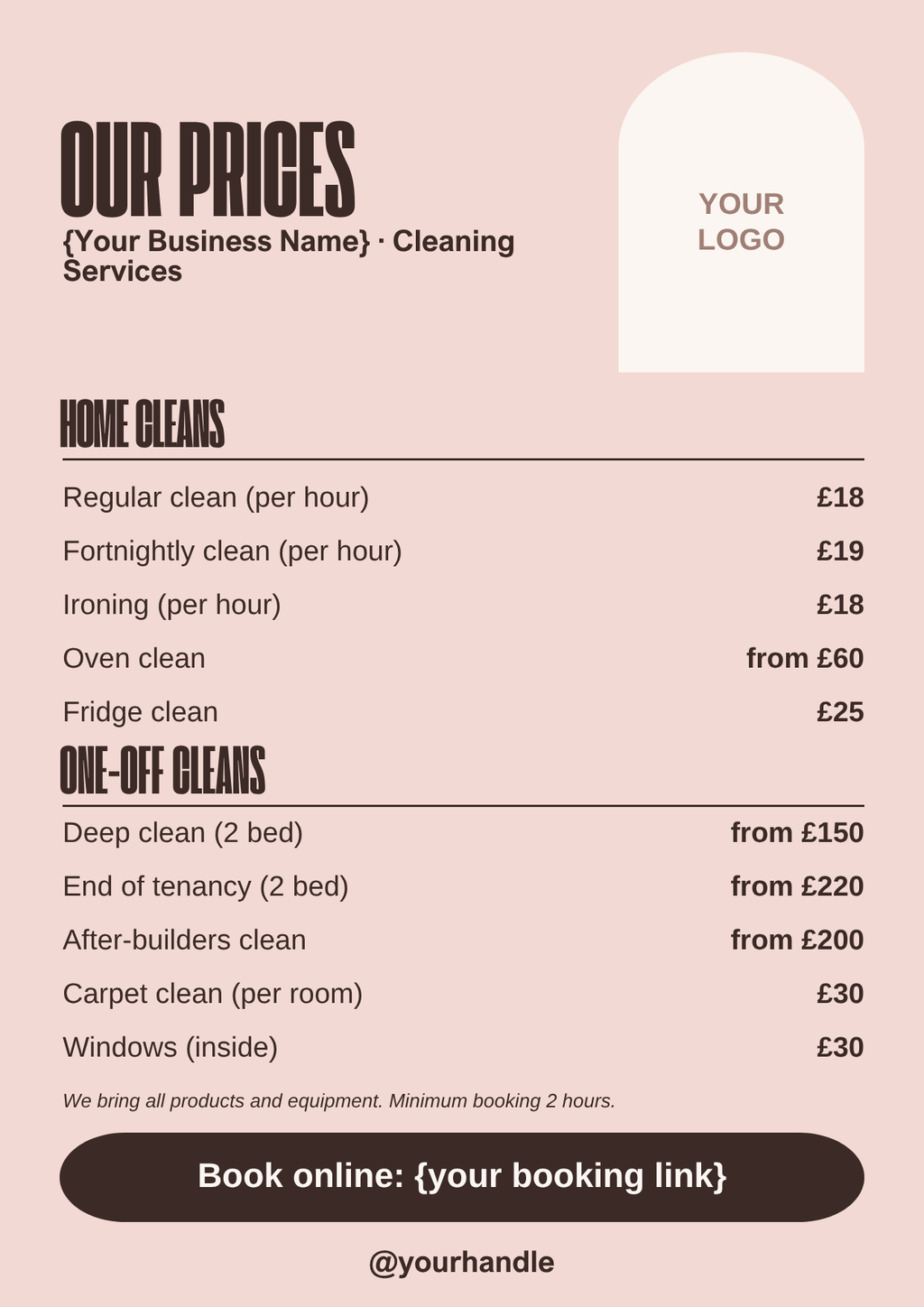 Bold blush cleaning price list template