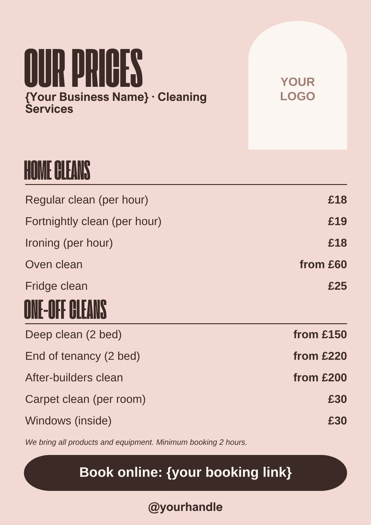 Bold blush cleaning price list template