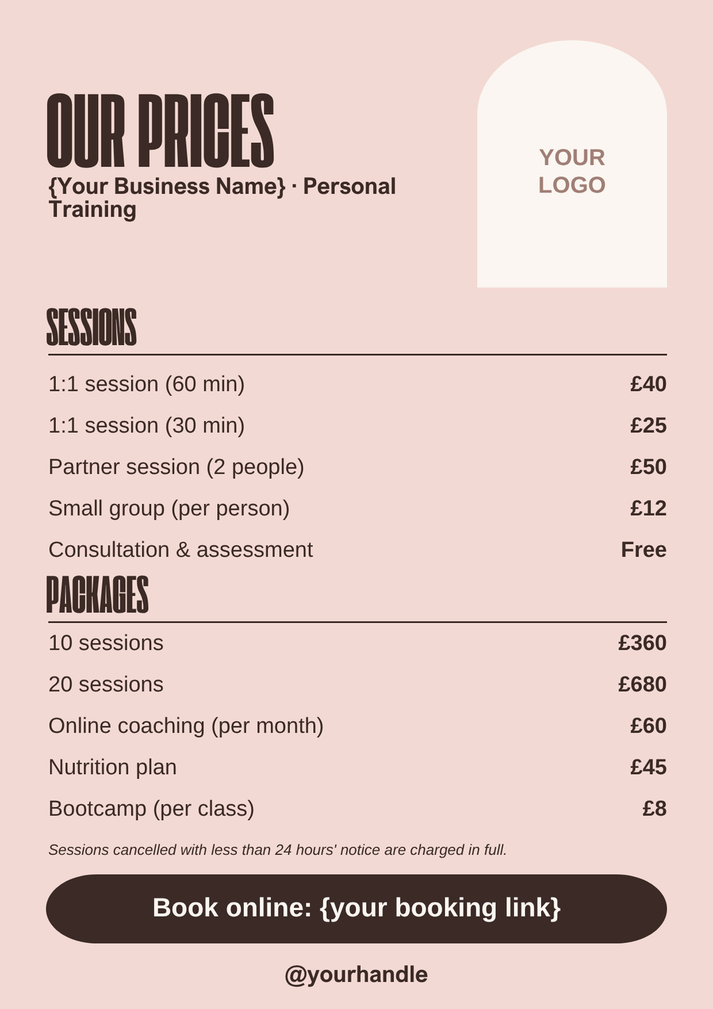 Personal trainer price list template, bold blush A4 style