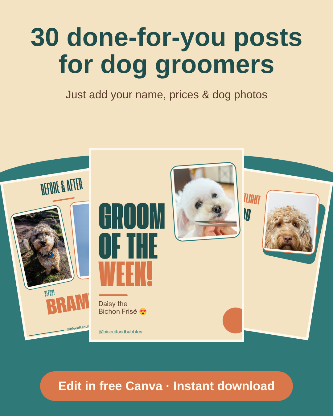 Full Kit: Dog Groomer pack, 30 done-for-you posts shown filled in
