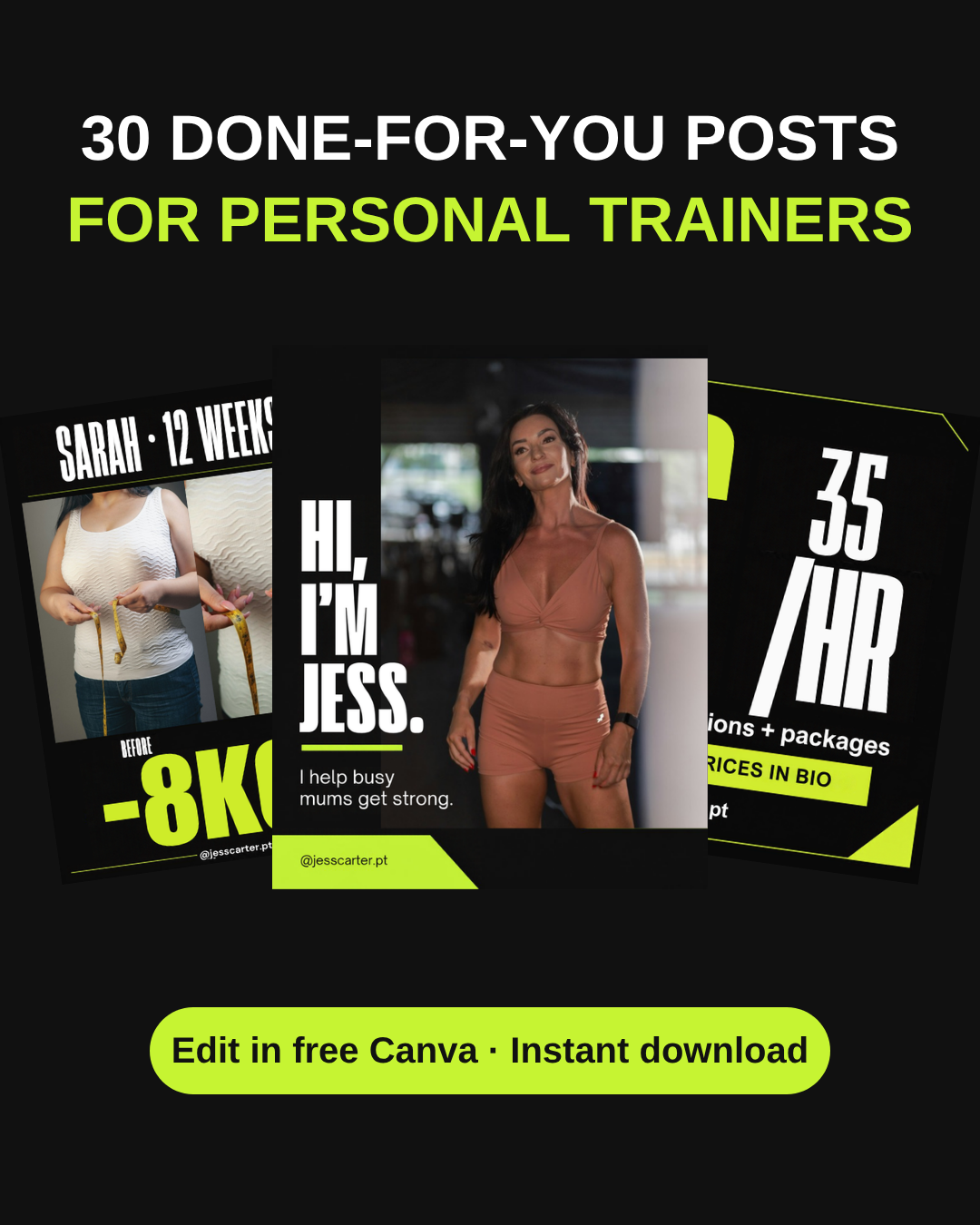 Full Kit: Personal Trainer pack, 30 done-for-you posts shown filled in