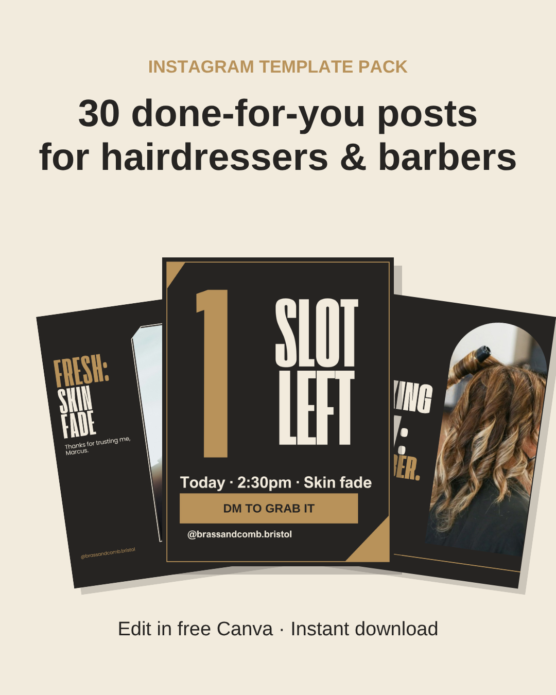 Hairdresser & Barber Pack: 30 done-for-you Instagram posts, edit in free Canva