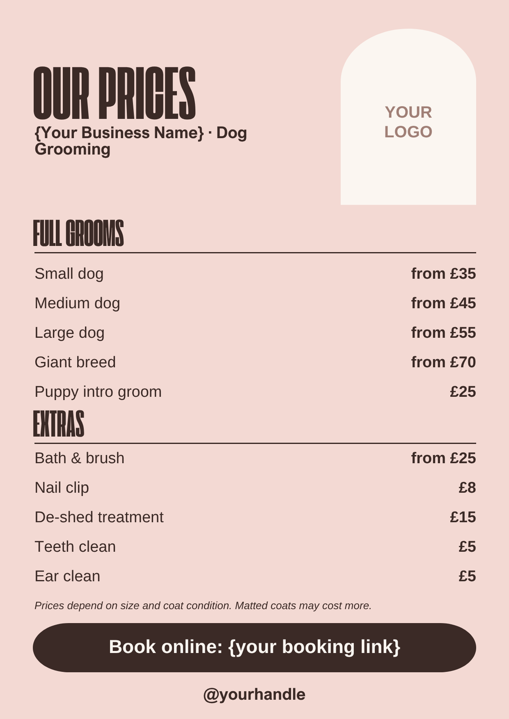 Dog grooming price list template, bold blush A4 style