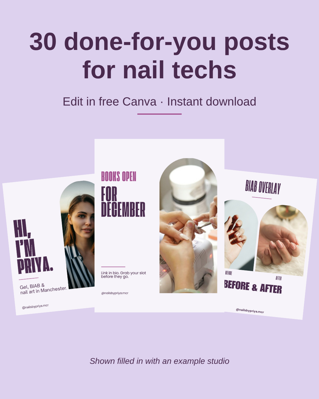 Nail Tech Pack: 30 done-for-you Instagram posts for nail techs, editable in free Canva