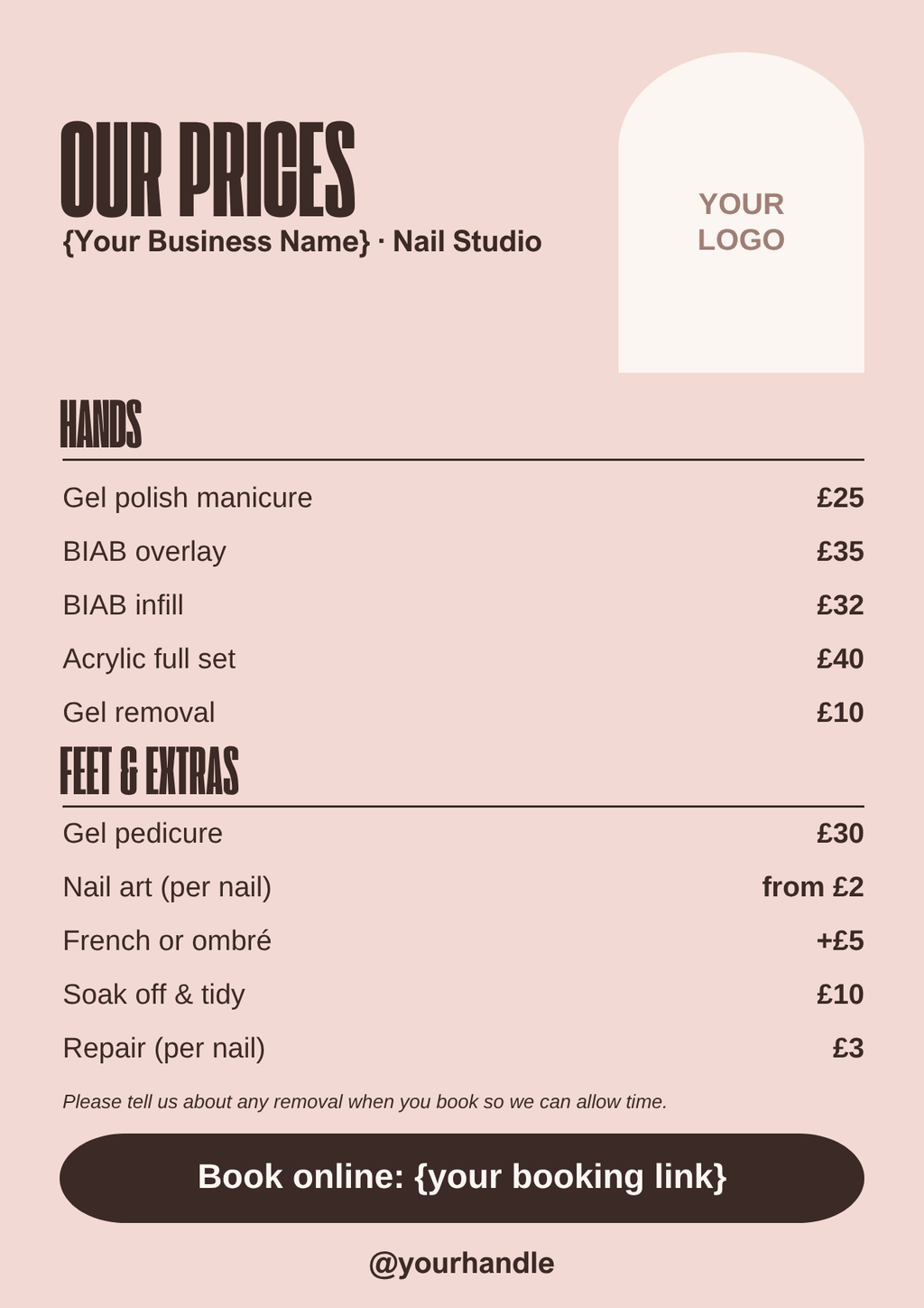 Nail price list template, bold blush A4 style