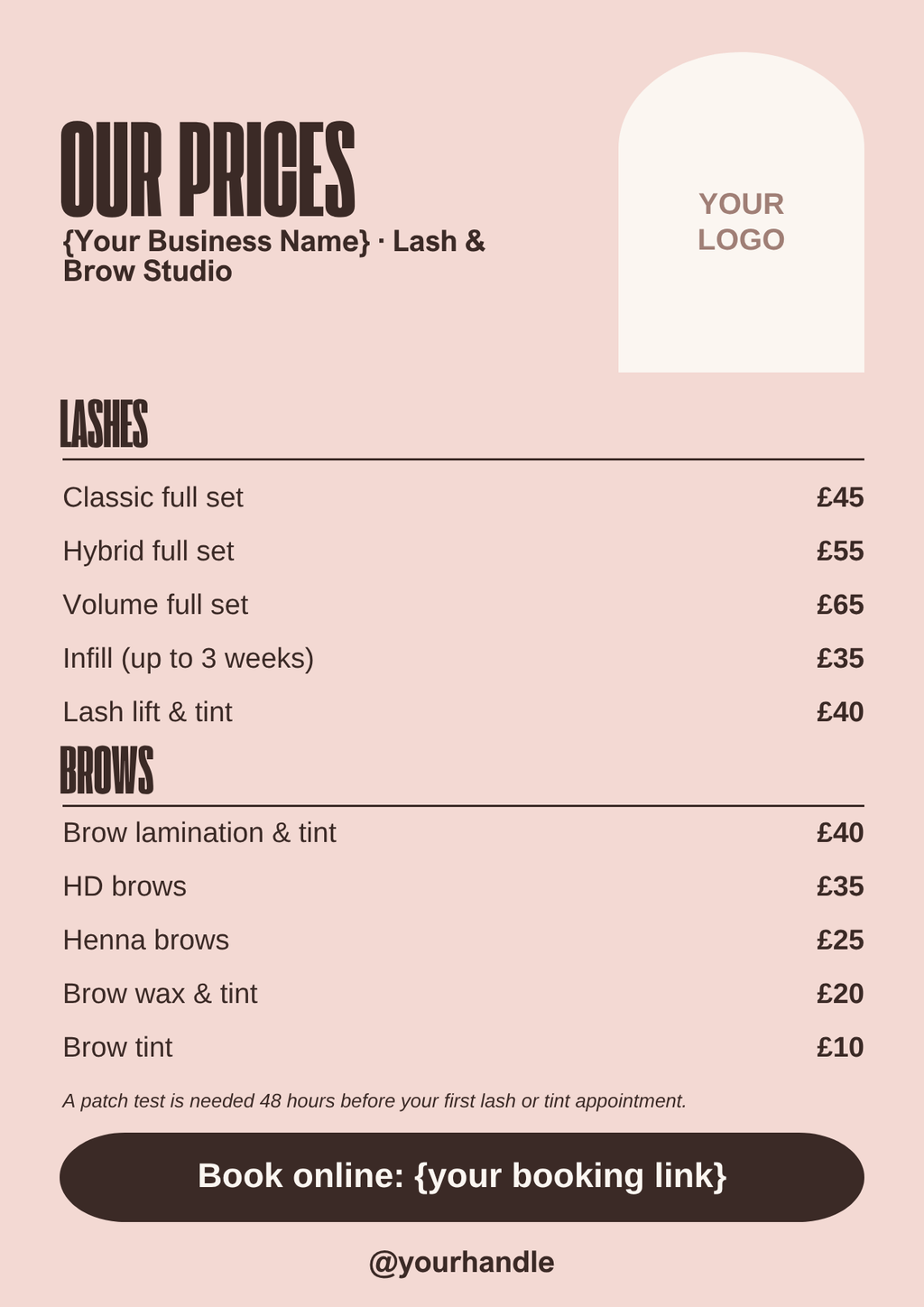 Bold blush lash and brow price list template