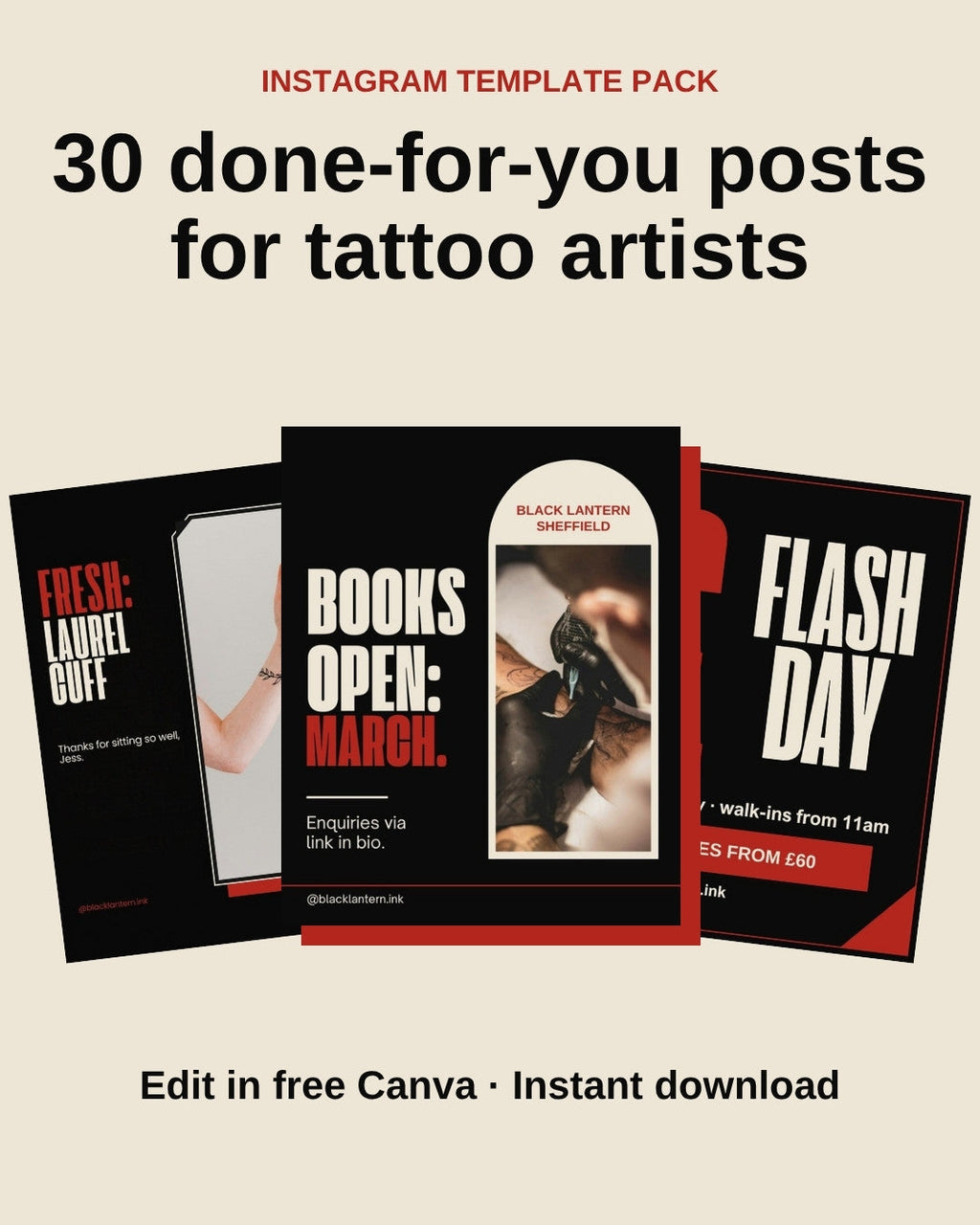 Full Kit: Tattoo Artist pack, 30 done-for-you posts shown filled in